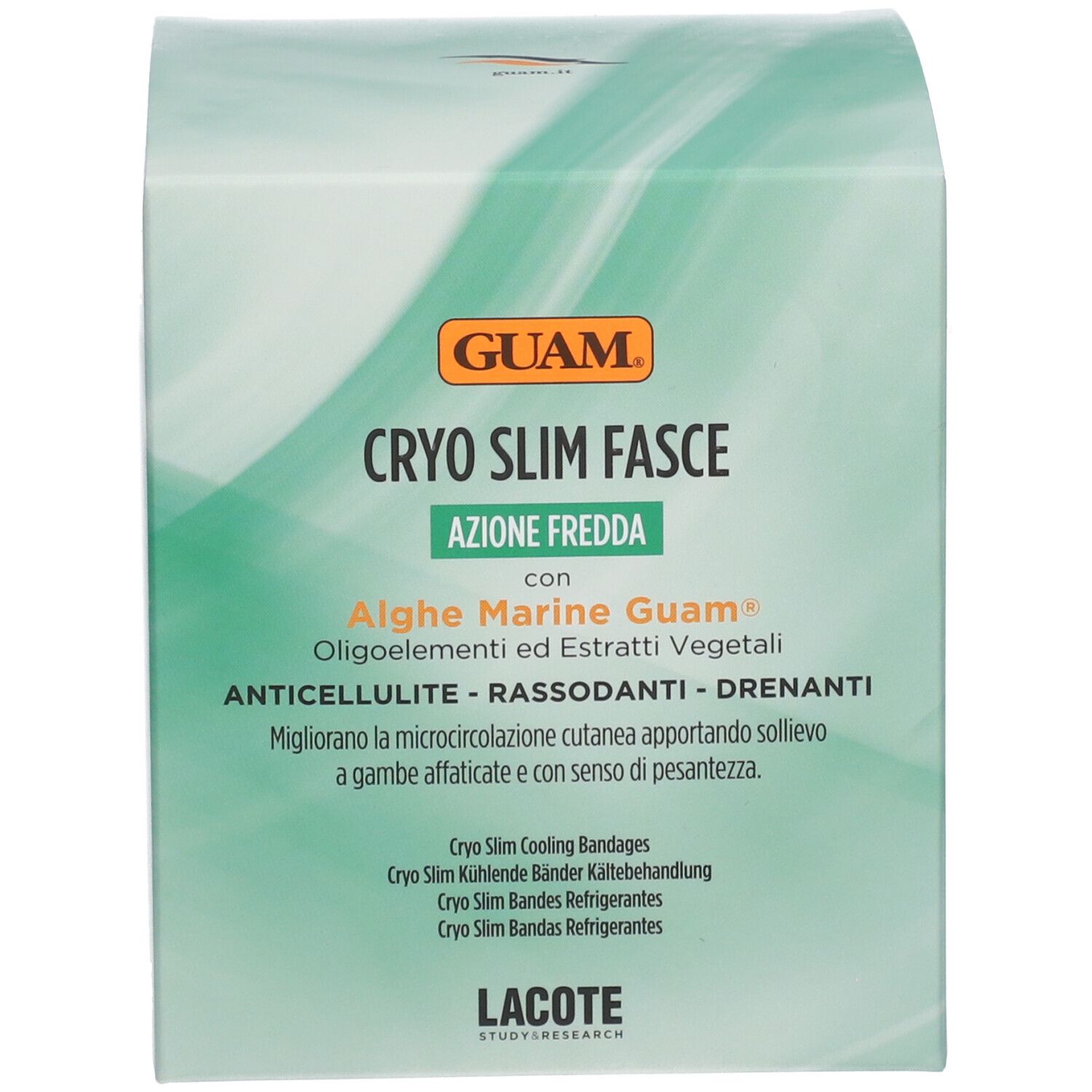 Confezione GUAM Cryo Slim Fasce. Scatola verde con informazioni sul prodotto. Contiene alghe ed estratti vegetali. Logo GUAM.