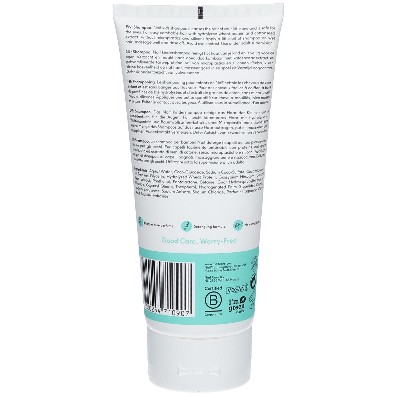 Retro del tubo bianco di shampoo Naïf Kids. Testo multilingue, ingredienti, logo vegano, certificazione I'm green.
