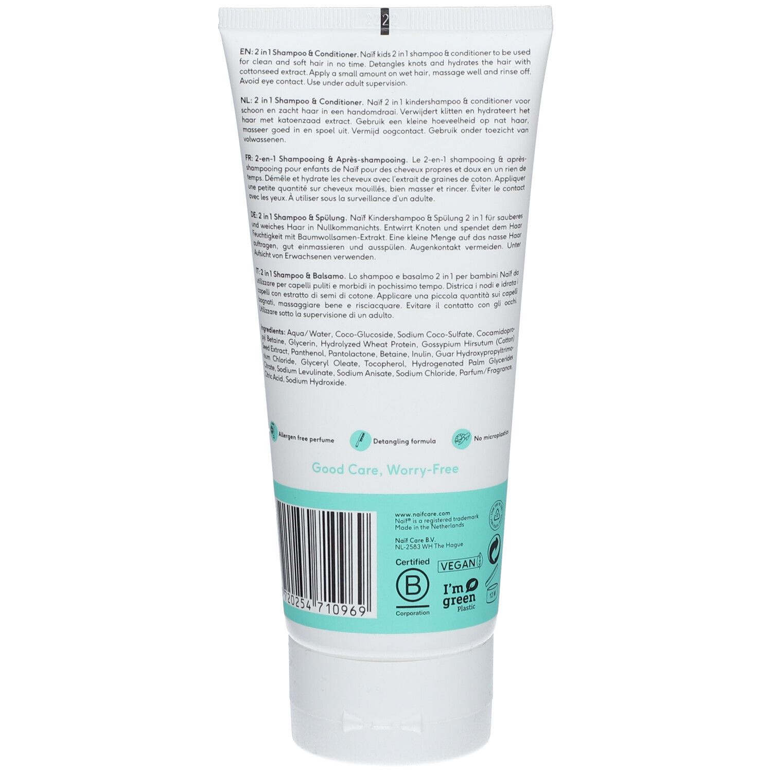 Retro di un tubo bianco. Testo in più lingue. Loghi: Vegan, i'm green, B Corp. Testo: Good Care, Worry-Free. Ingredienti.