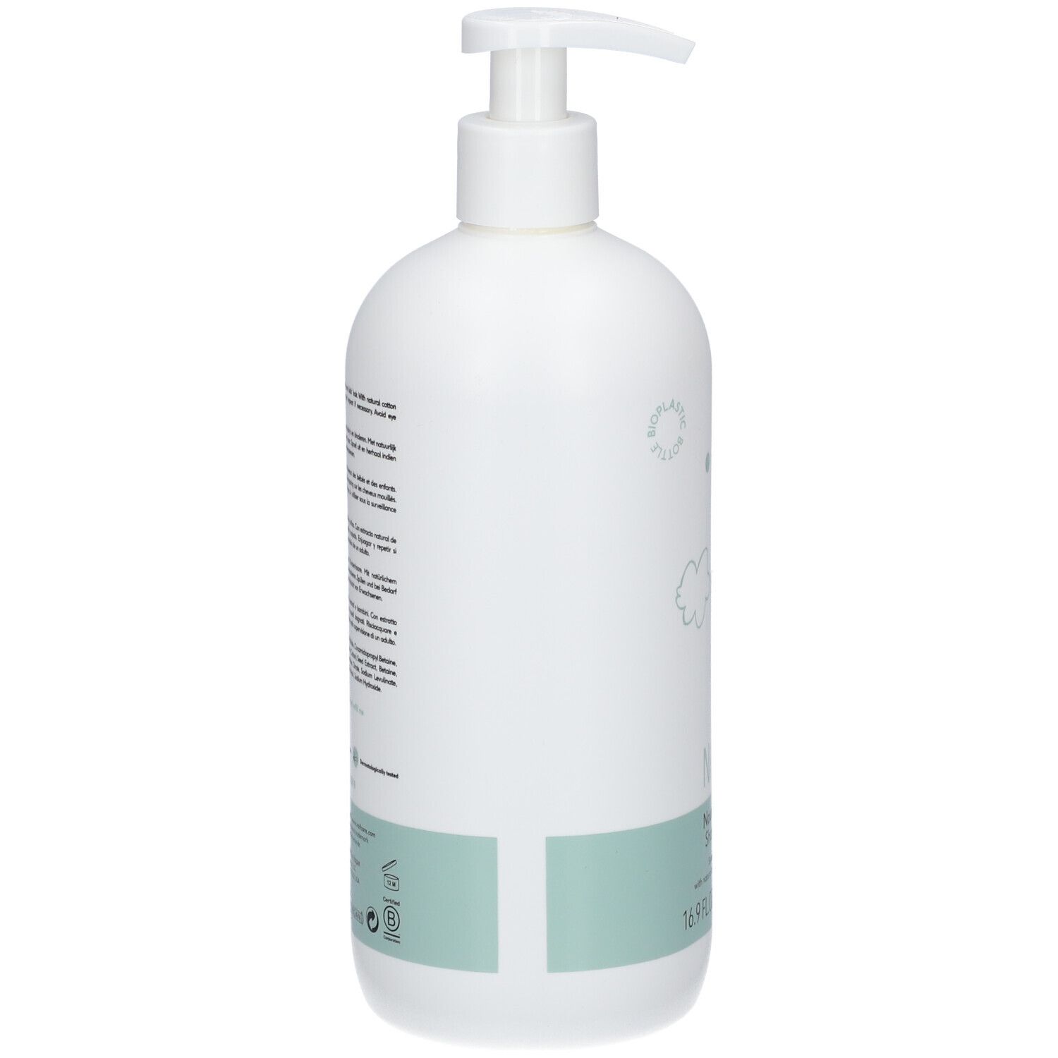 Flacone bianco con pompa. Retro con testo e striscia verde menta. Testo multilingue. Codice a barre in basso.