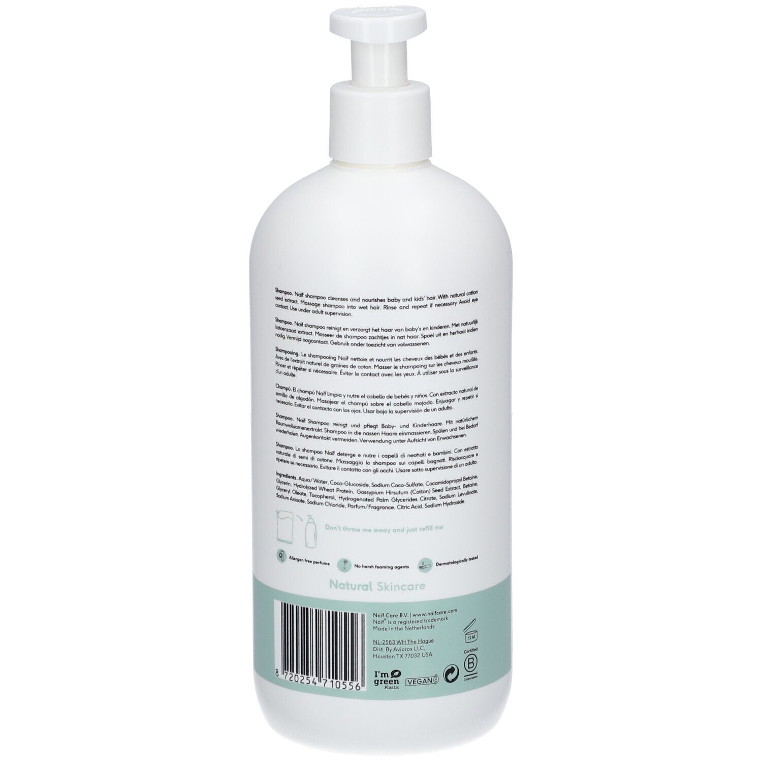 Flacone bianco con pompa. Retro con testo multilingue. Striscia verde menta. Codice a barre e loghi.