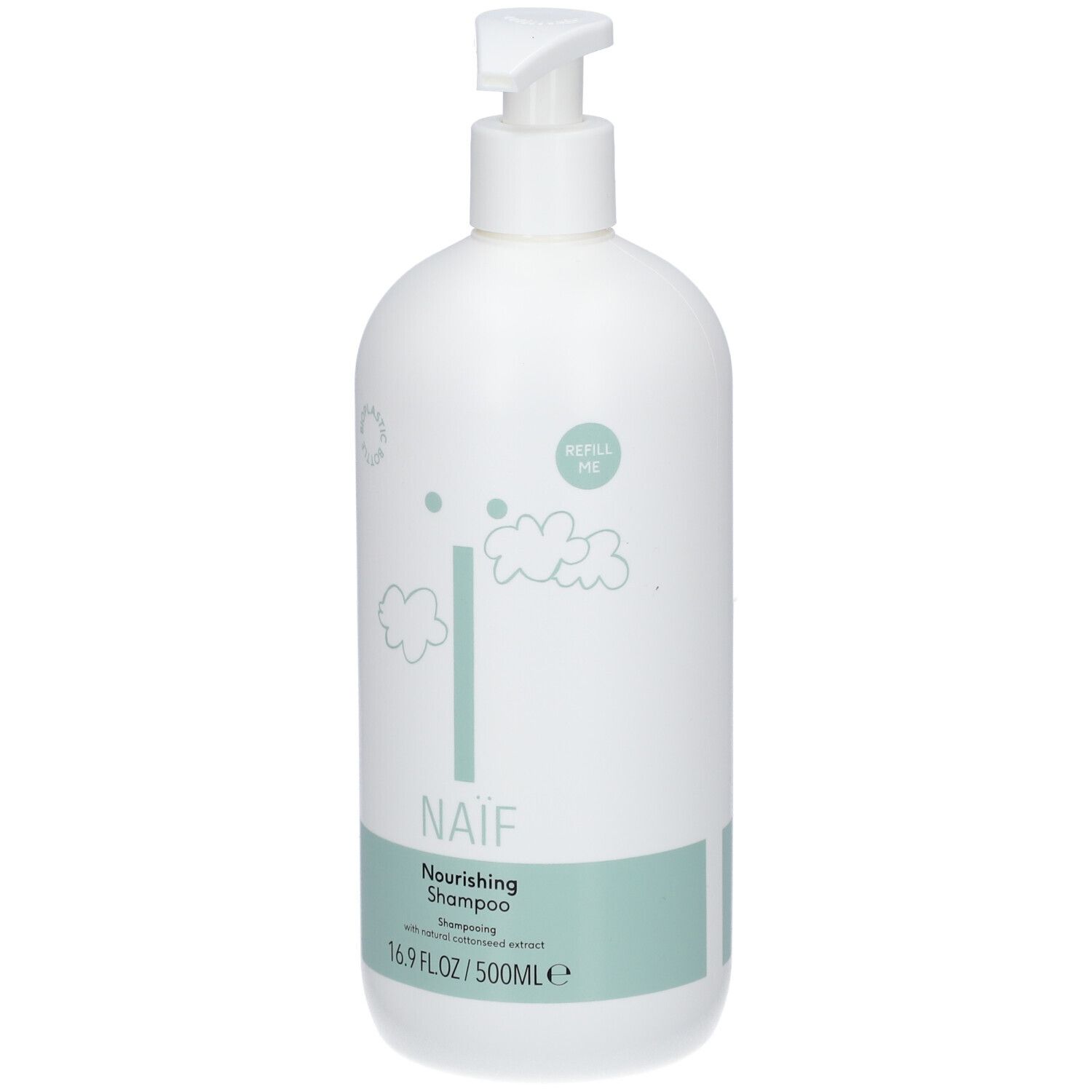 Flacone bianco con pompa. Scritta: NAÏF, Nourishing Shampoo. Striscia verde menta con testo. 16.9 FL.OZ/500ml. Refill Me.