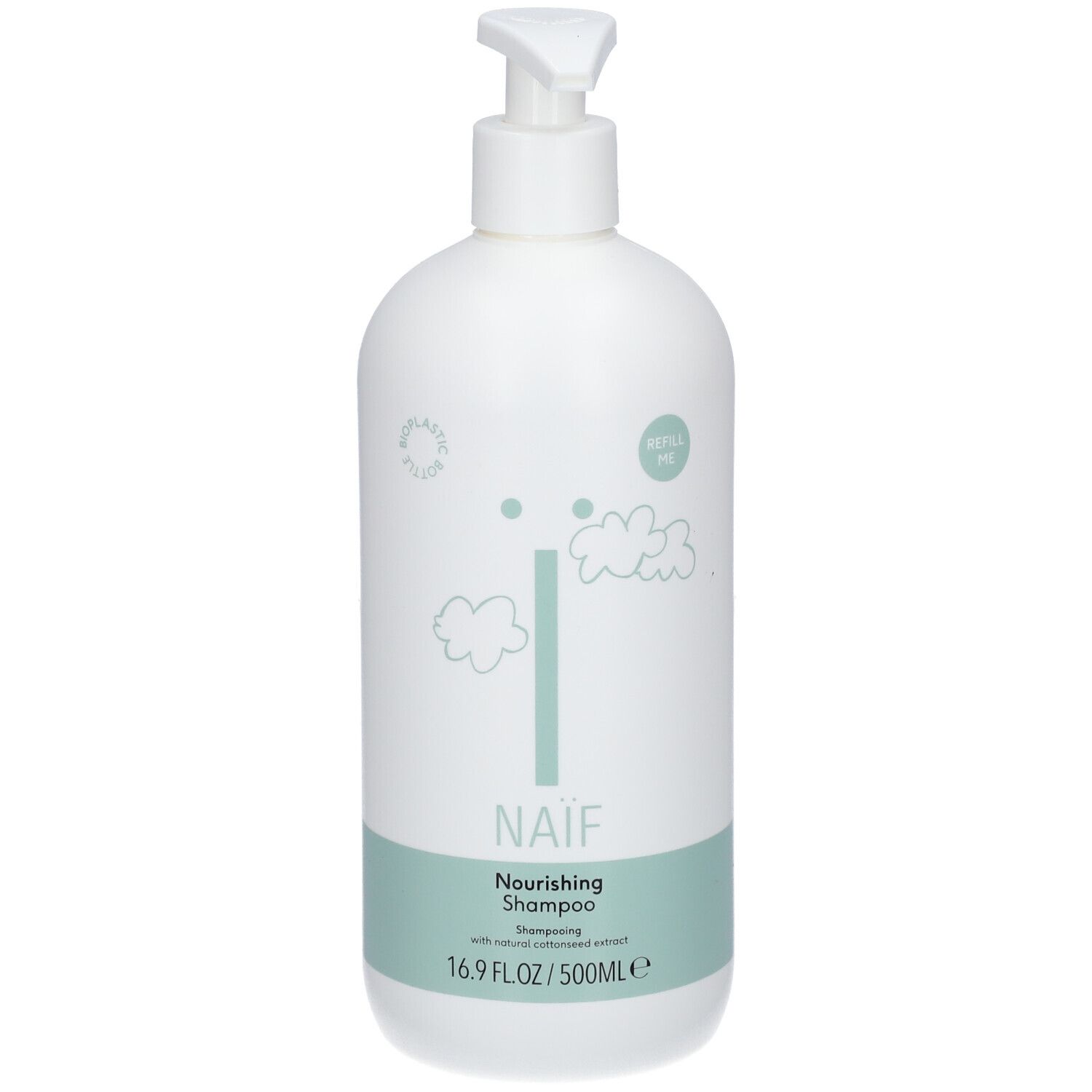 Flacone bianco con pompa. Scritta: NAÏF, Nourishing Shampoo. Striscia verde menta con testo. 16.9 FL.OZ/500ml.