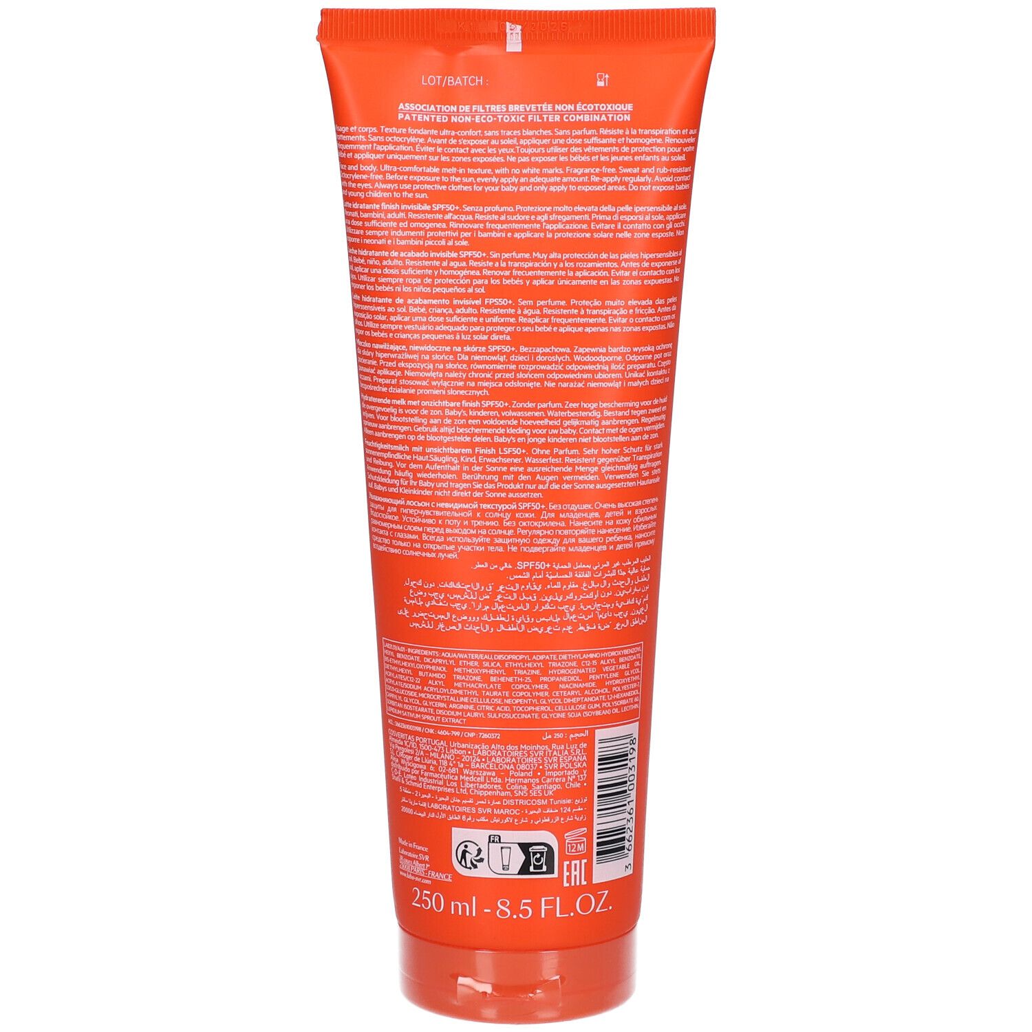 Retro di un tubo arancione. Testo multilingue. 250 ml. Codice a barre. Eco-label.