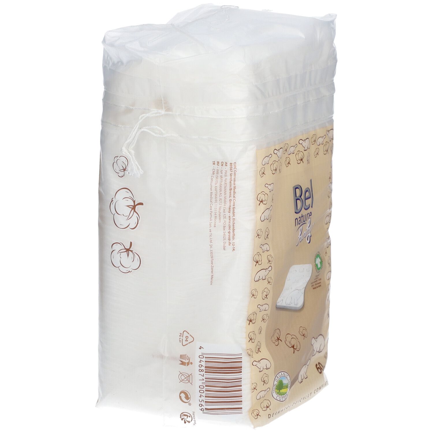 Vista laterale della confezione di salviette bianche. Scritta: Bel nature Baby. Illustrazioni di cotone e orsi. Codice a barre.
