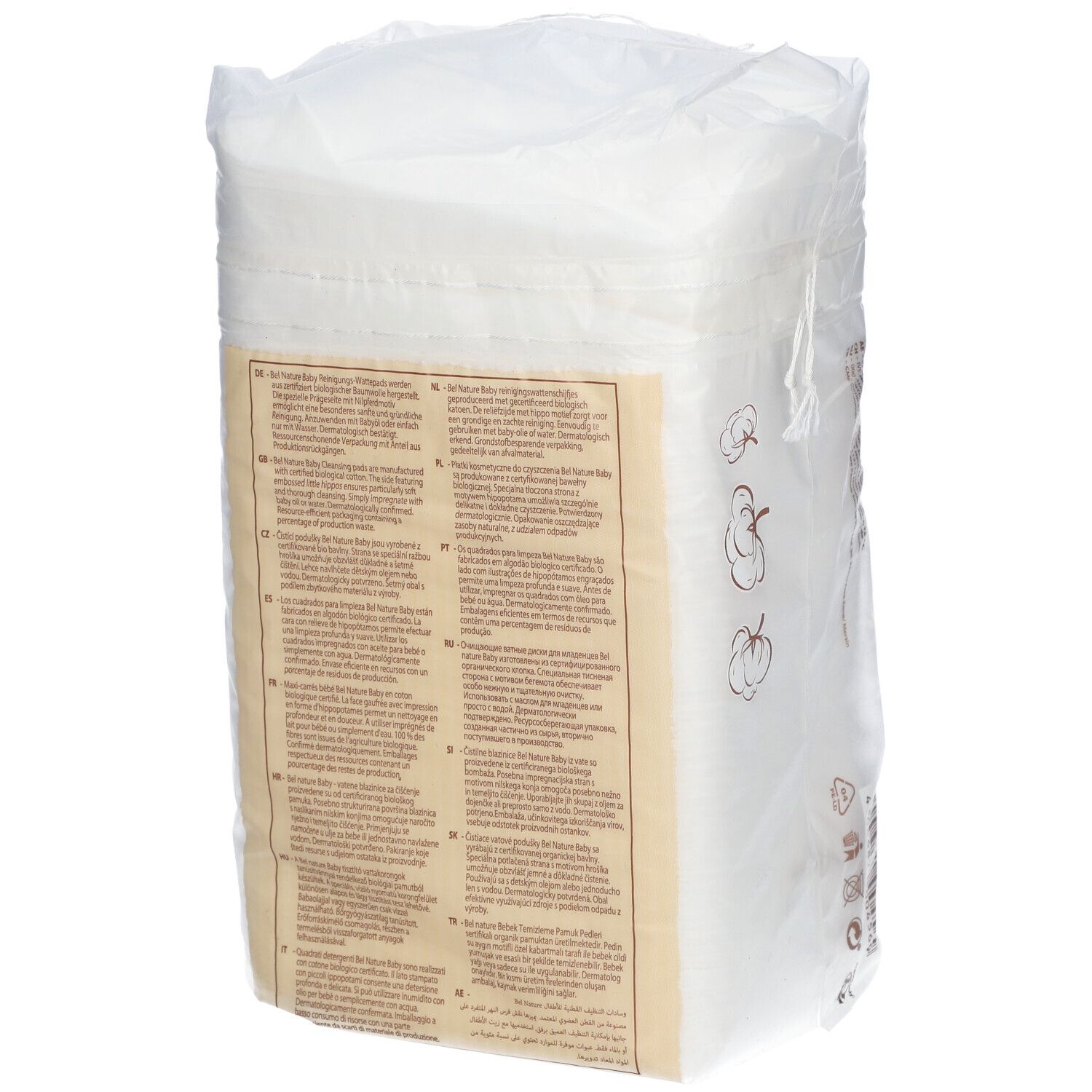 Retro della confezione di salviette bianche. Testo in più lingue. Illustrazioni di cotone e orsi.