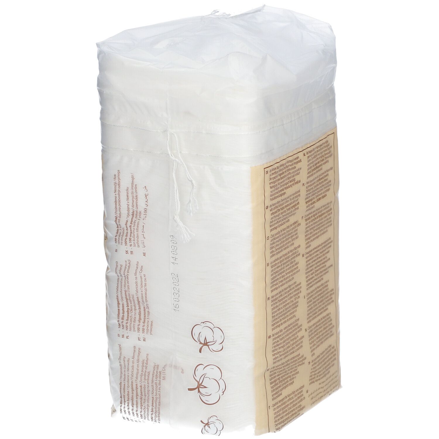 Vista posteriore della confezione di salviette bianche. Testo in più lingue. Illustrazioni di cotone e orsi.