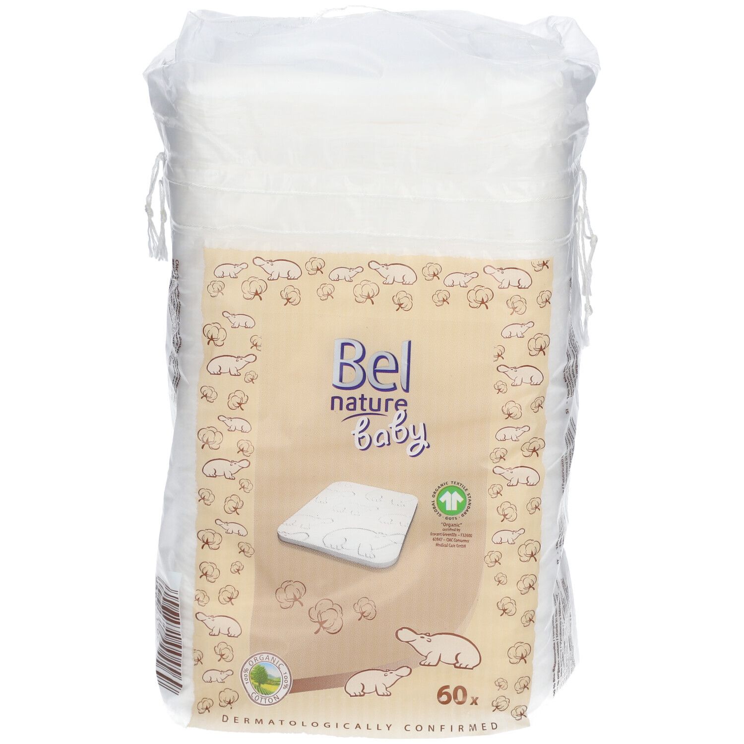 Confezione di salviette bianche. Scritta: Bel nature Baby, 60 pezzi, dermatologicamente testato. Illustrazioni di cotone e orsi.