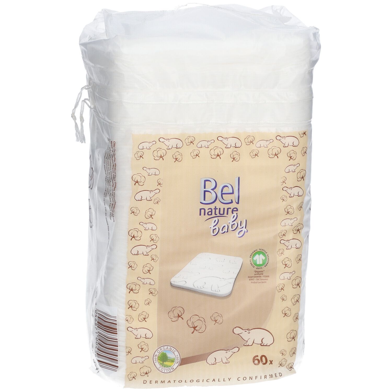 Confezione di salviette bianche. Scritta: Bel nature Baby, 60 pezzi, dermatologicamente testato. Illustrazioni di cotone e orsi.