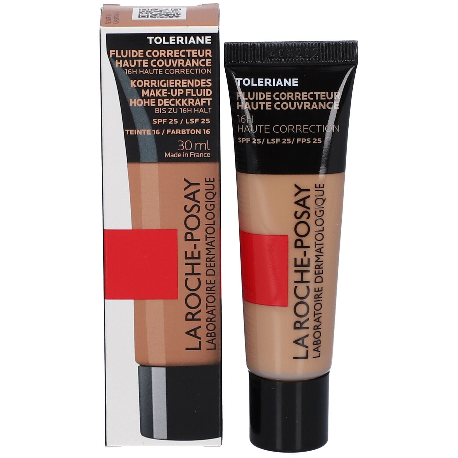 La Roche-Posay Toleriane Fluide Correcteur Haute Couvrance SPF25 16. Prodotto e confezione. Beige e marrone.