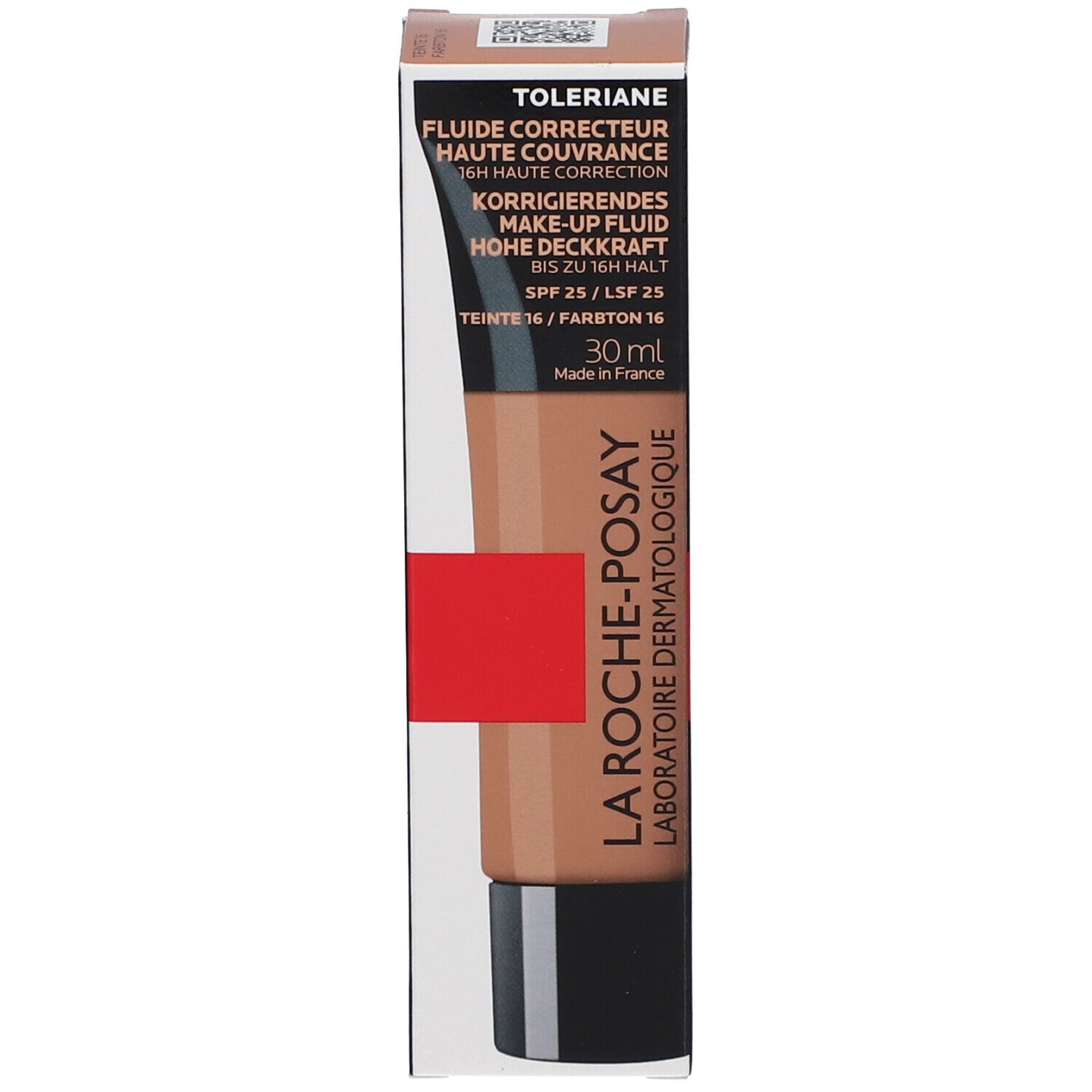 La Roche-Posay Toleriane Fluide Correcteur Haute Couvrance SPF25 16. Prodotto e confezione. Beige e marrone.