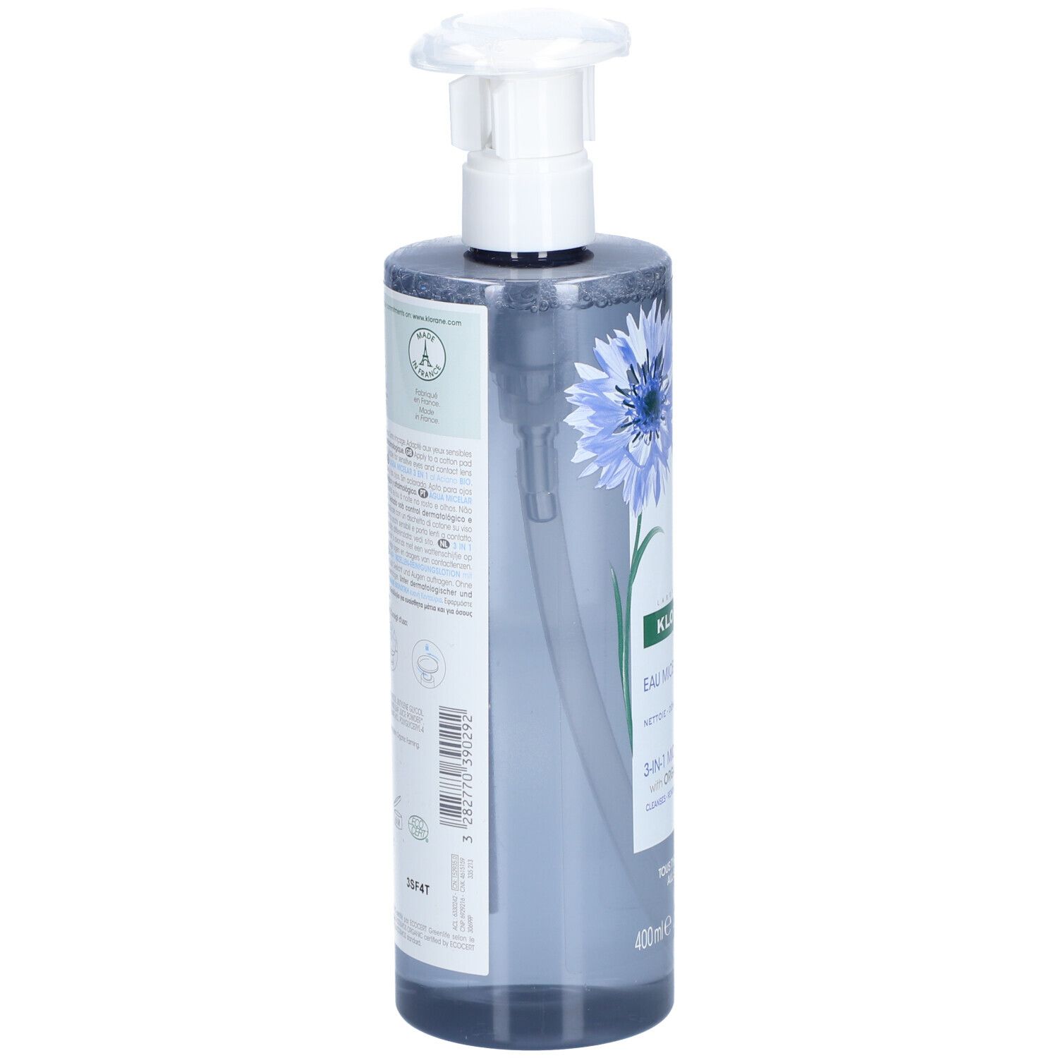 Flacone con erogatore a pompa, contenente liquido limpido, illustrazione di fiordaliso, indicazione 400ml.