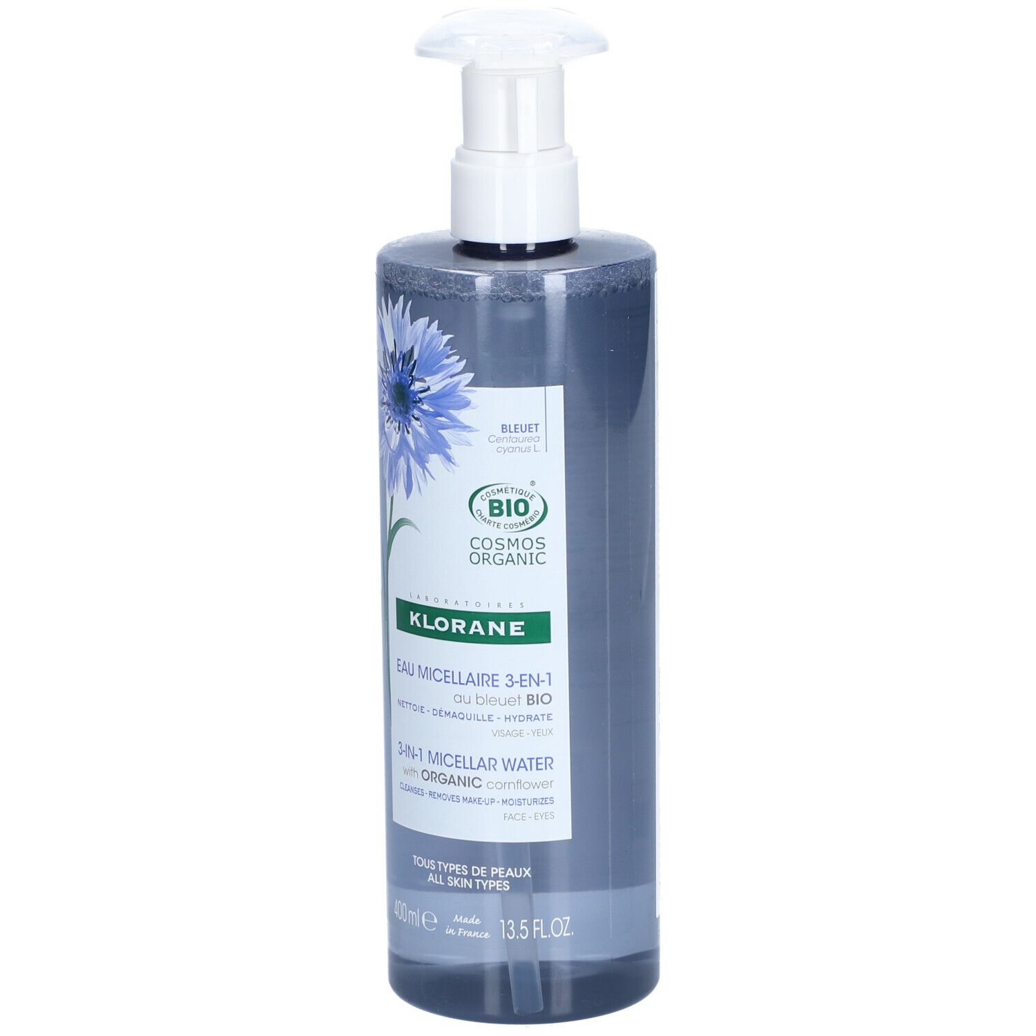 Acqua micellare Klorane 3-in-1 al fiordaliso biologico, flacone con pompa da 400ml.