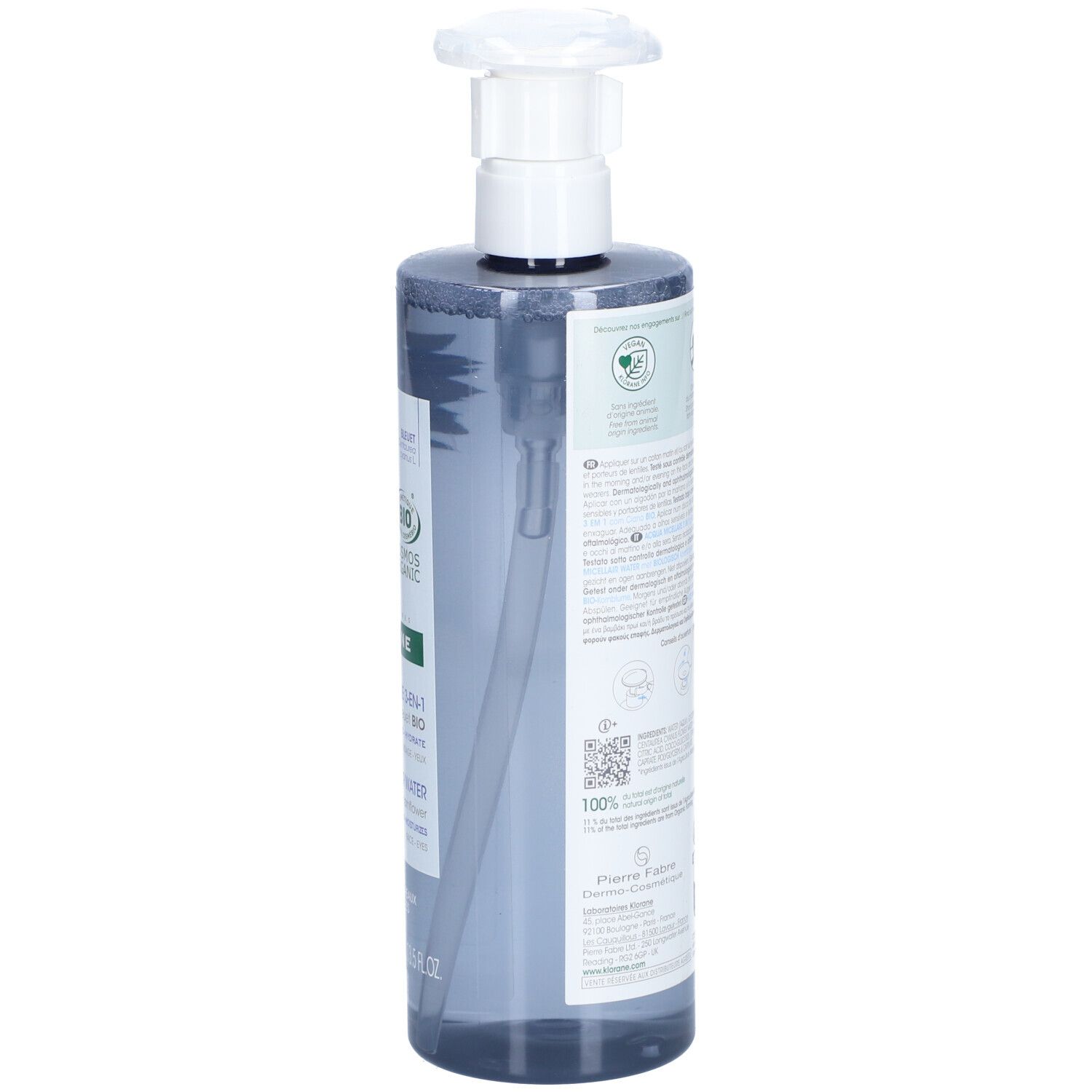 Flacone con dispenser a pompa, contiene un prodotto grigio. Etichetta con simboli verdi e bianchi.