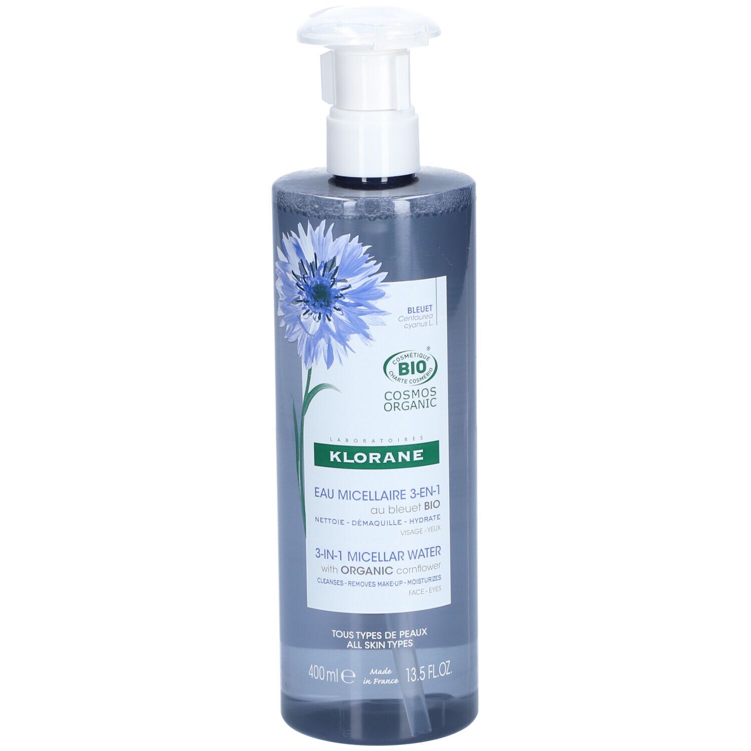 Acqua micellare Klorane 3-in-1 con estratto di fiordaliso, flacone da 400ml con dispenser a pompa.