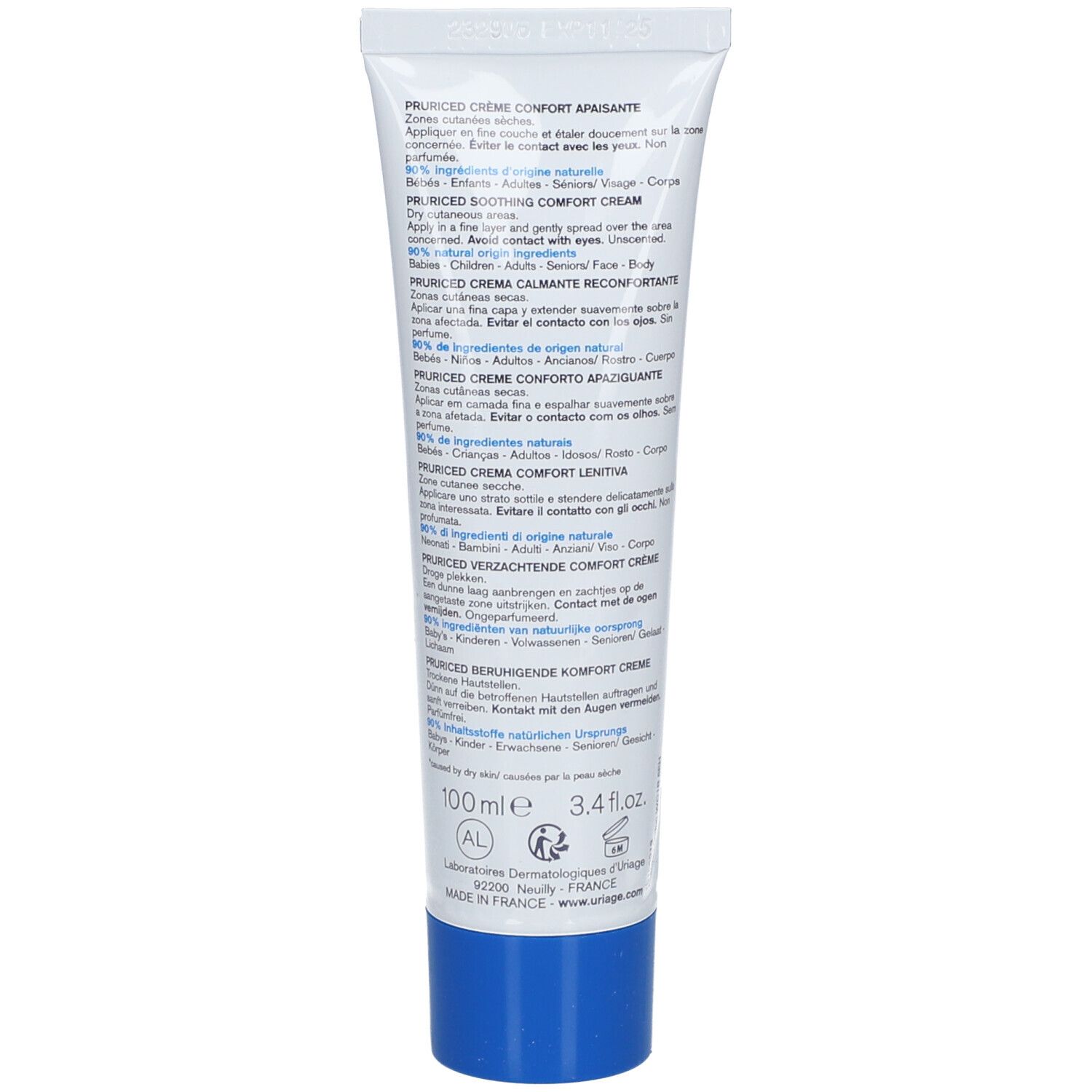 Retro del tubo Uriage Pruriced Crème Confort Apaisante. Testo multilingue.
