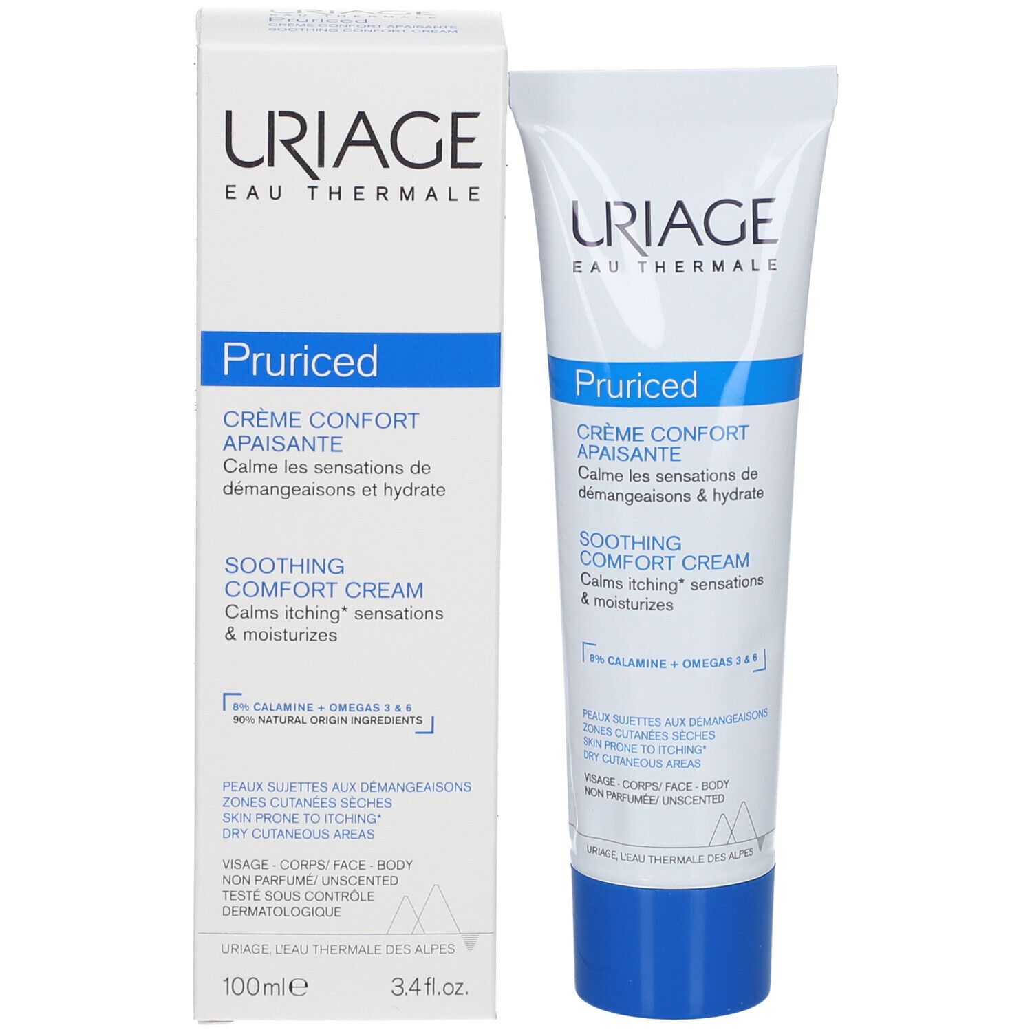 Uriage Pruriced Crème Confort Apaisante e confezione. Bianco, blu. Testo.