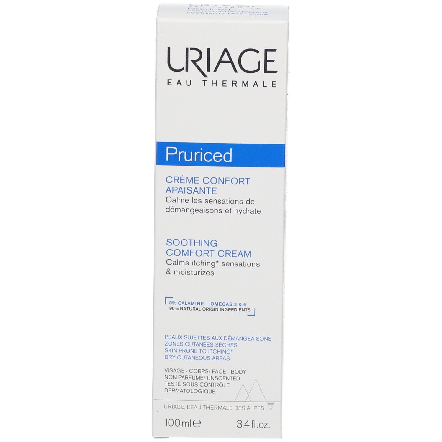 Confezione Uriage Pruriced Crème Confort Apaisante. Bianco, blu. Testo.