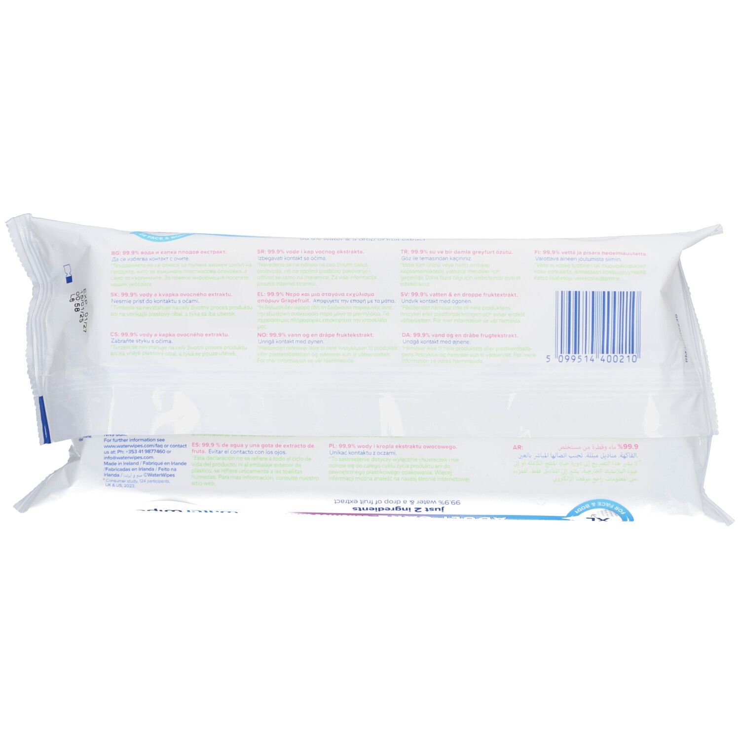 Retro della confezione bianca WaterWipes. Codice a barre e testo multilingue. Formato XL.