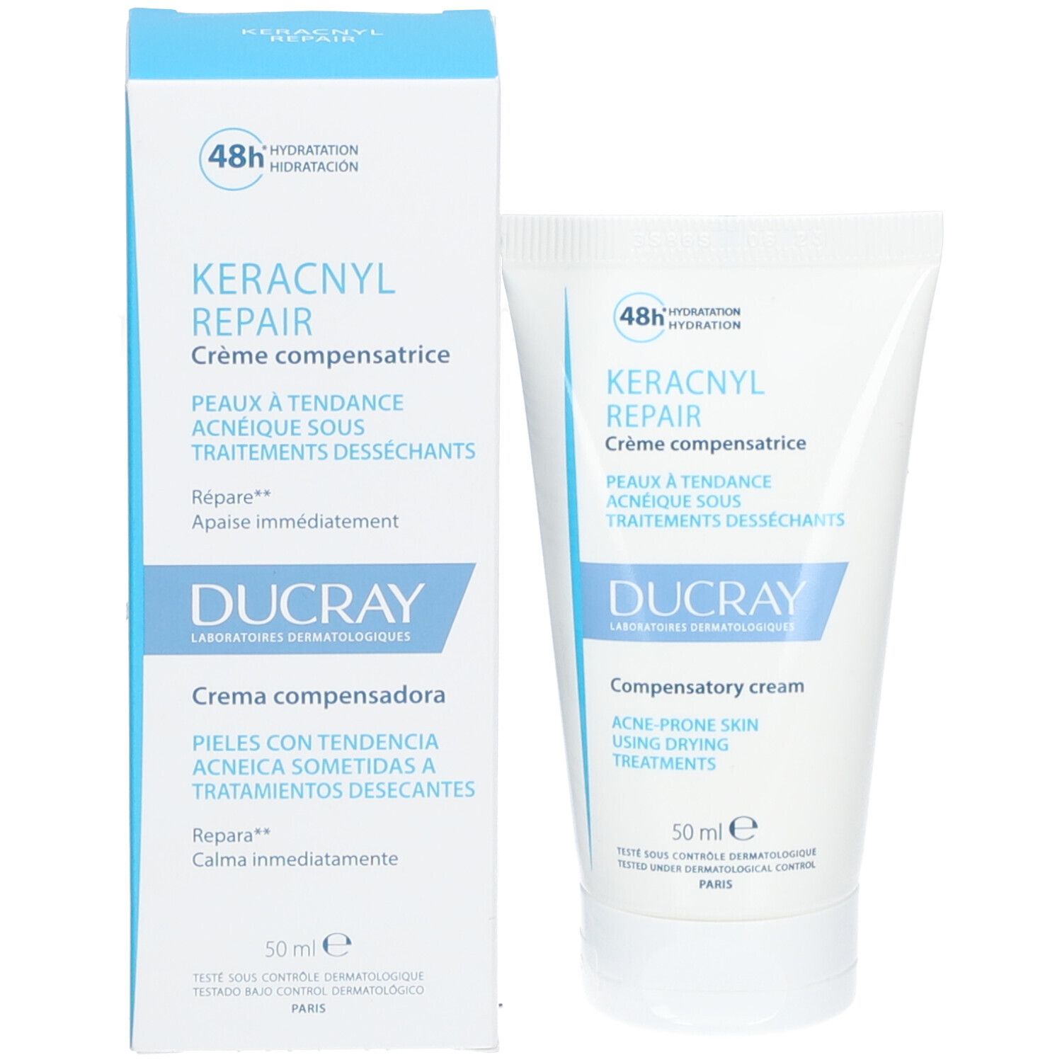 Prodotto e confezione. Tubo bianco e scatola blu. Contiene Keracnyl Repair Crema. 50 ml.