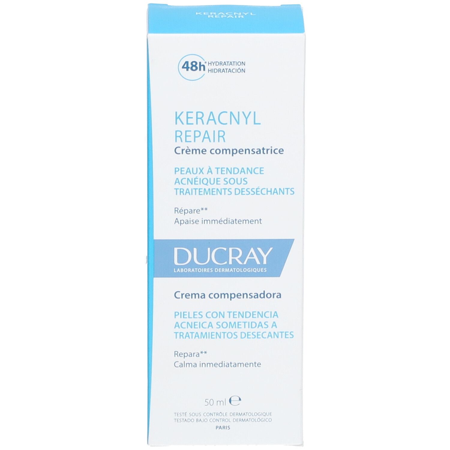 Scatola blu con testo bianco. Contiene Keracnyl Repair Crema. 50 ml. Per pelli a tendenza acneica.