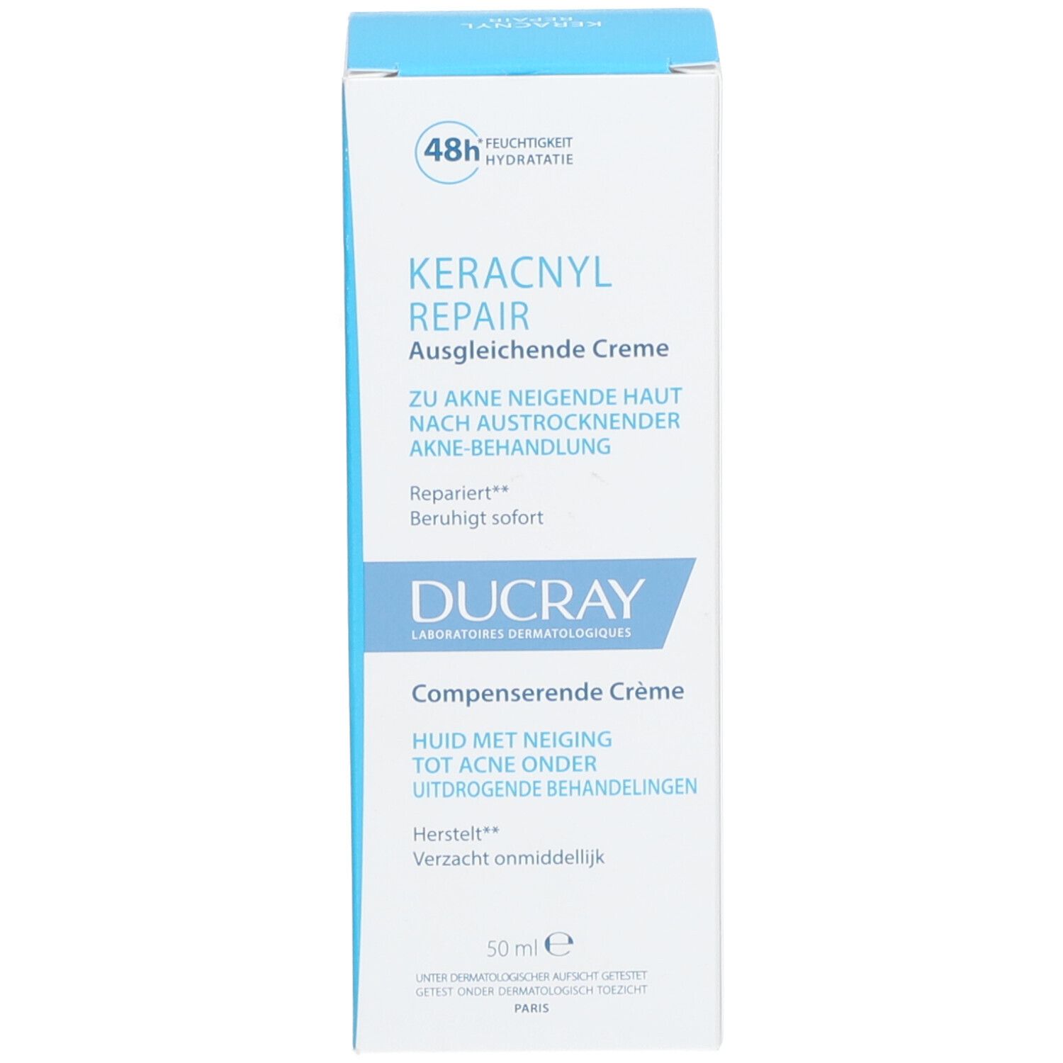Scatola blu con testo bianco. Contiene Keracnyl Repair Crema. Per pelli a tendenza acneica.