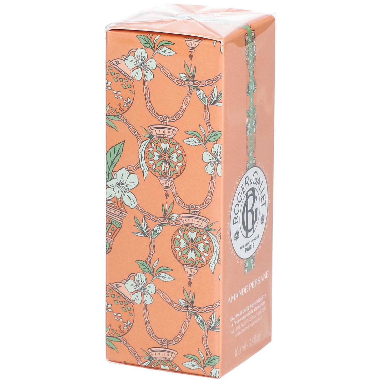 Scatola arancione con motivo floreale. Logo e testo Roger & Gallet. Nome prodotto: Amande Persane.