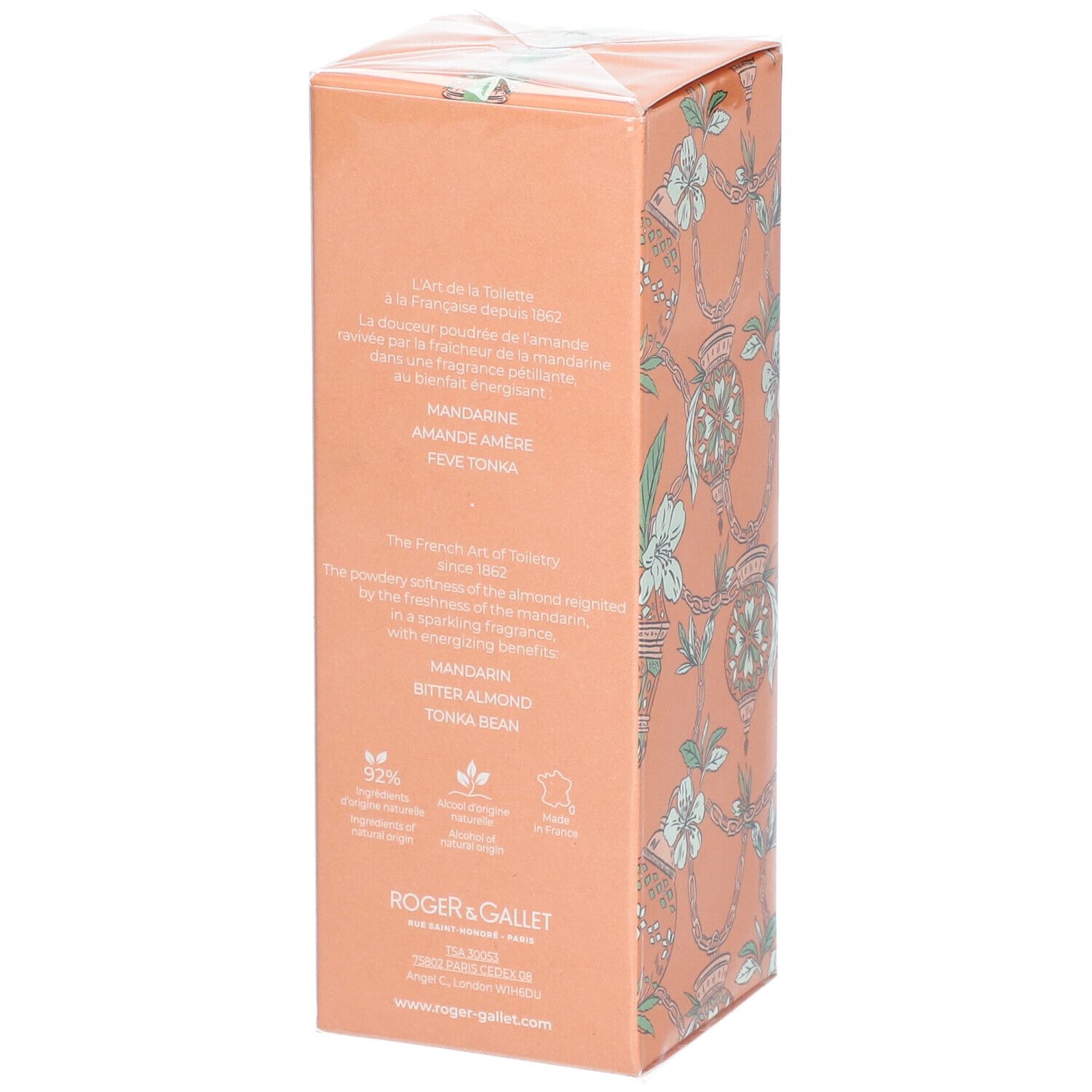 Scatola arancione, informazioni testuali. Logo Roger & Gallet. Ingredienti e certificazioni.