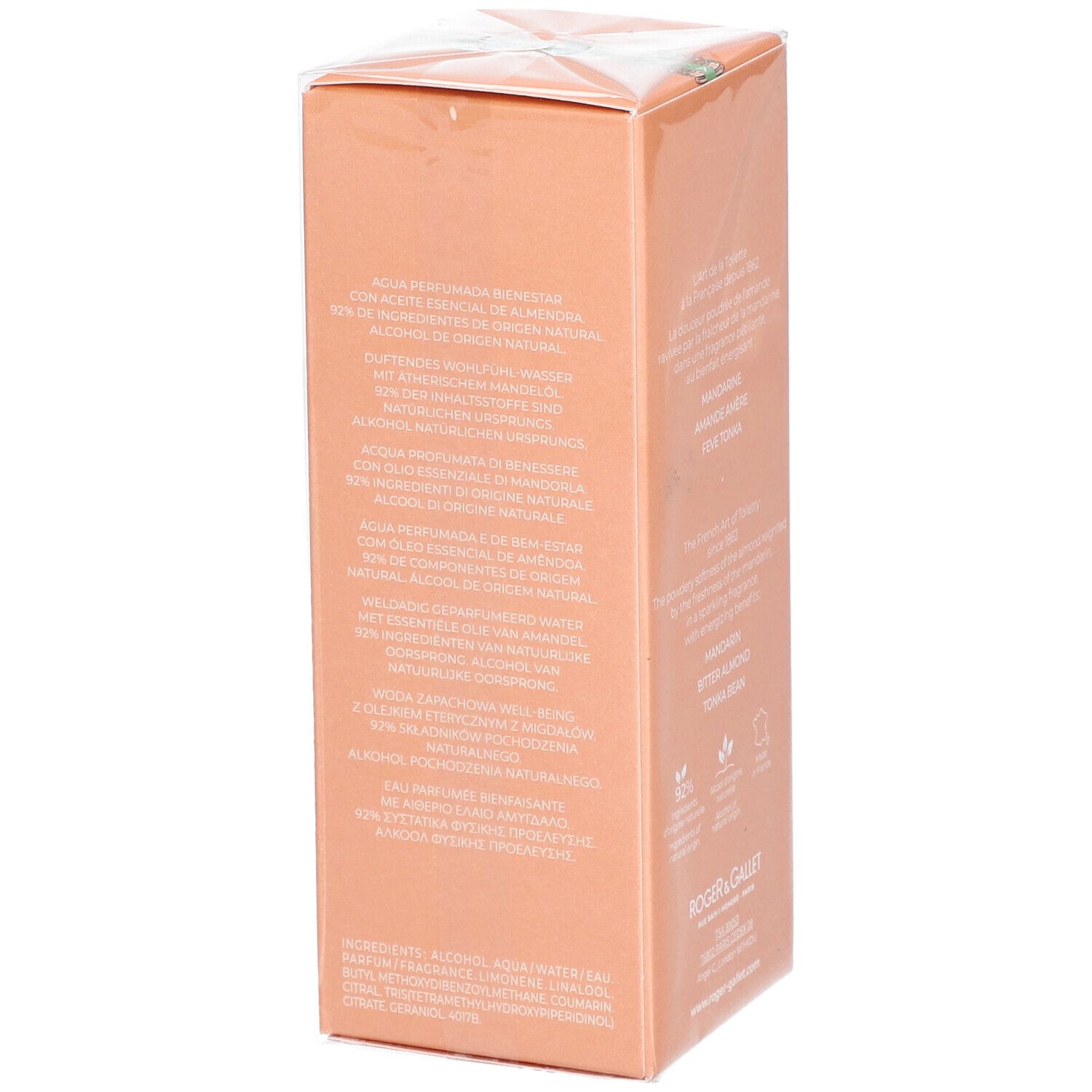 Scatola arancione, informazioni testuali. Logo Roger & Gallet. Ingredienti e descrizioni dei prodotti.