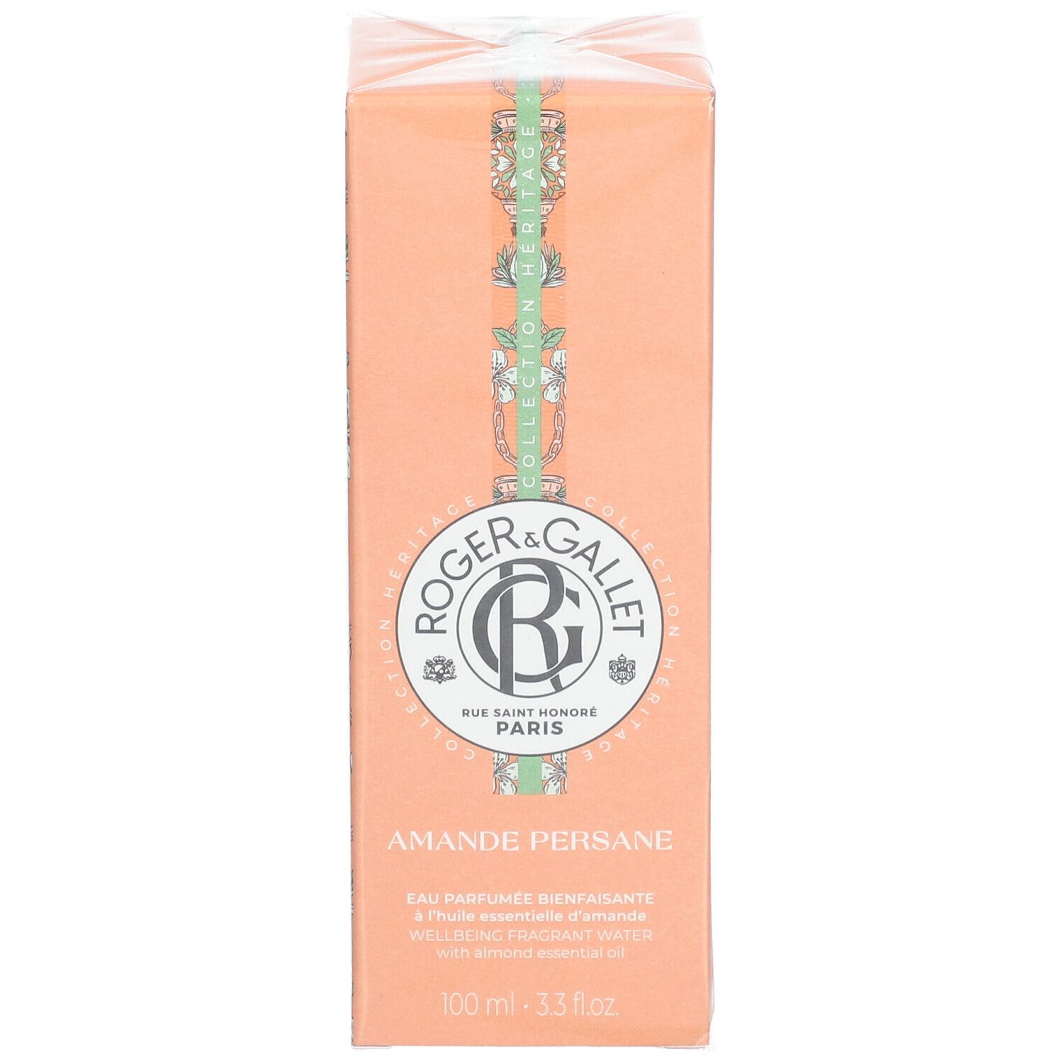 Scatola arancione con informazioni sul prodotto. Logo e testo Roger & Gallet. Nome prodotto: Amande Persane.