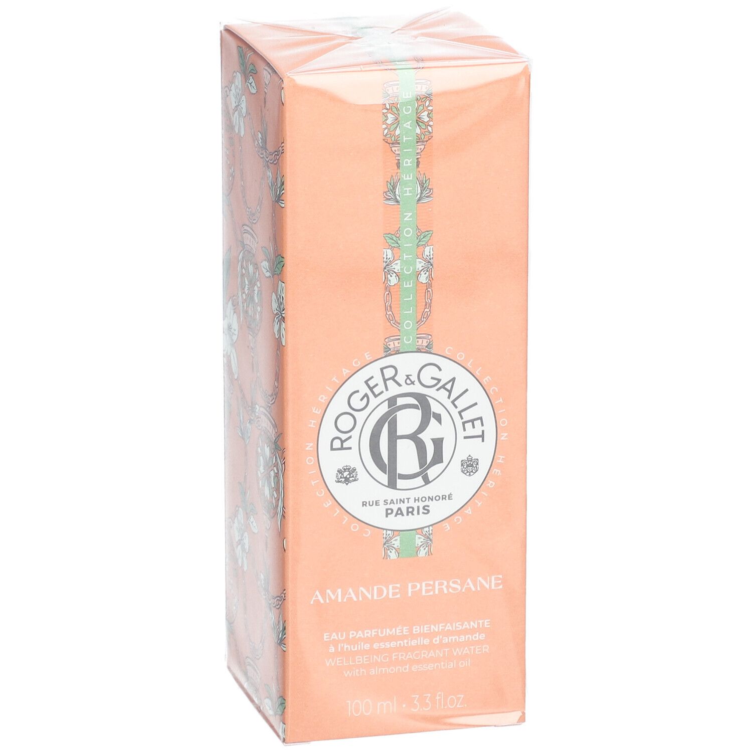 Scatola arancione con informazioni sul prodotto. Logo e testo Roger & Gallet. Nome prodotto: Amande Persane.