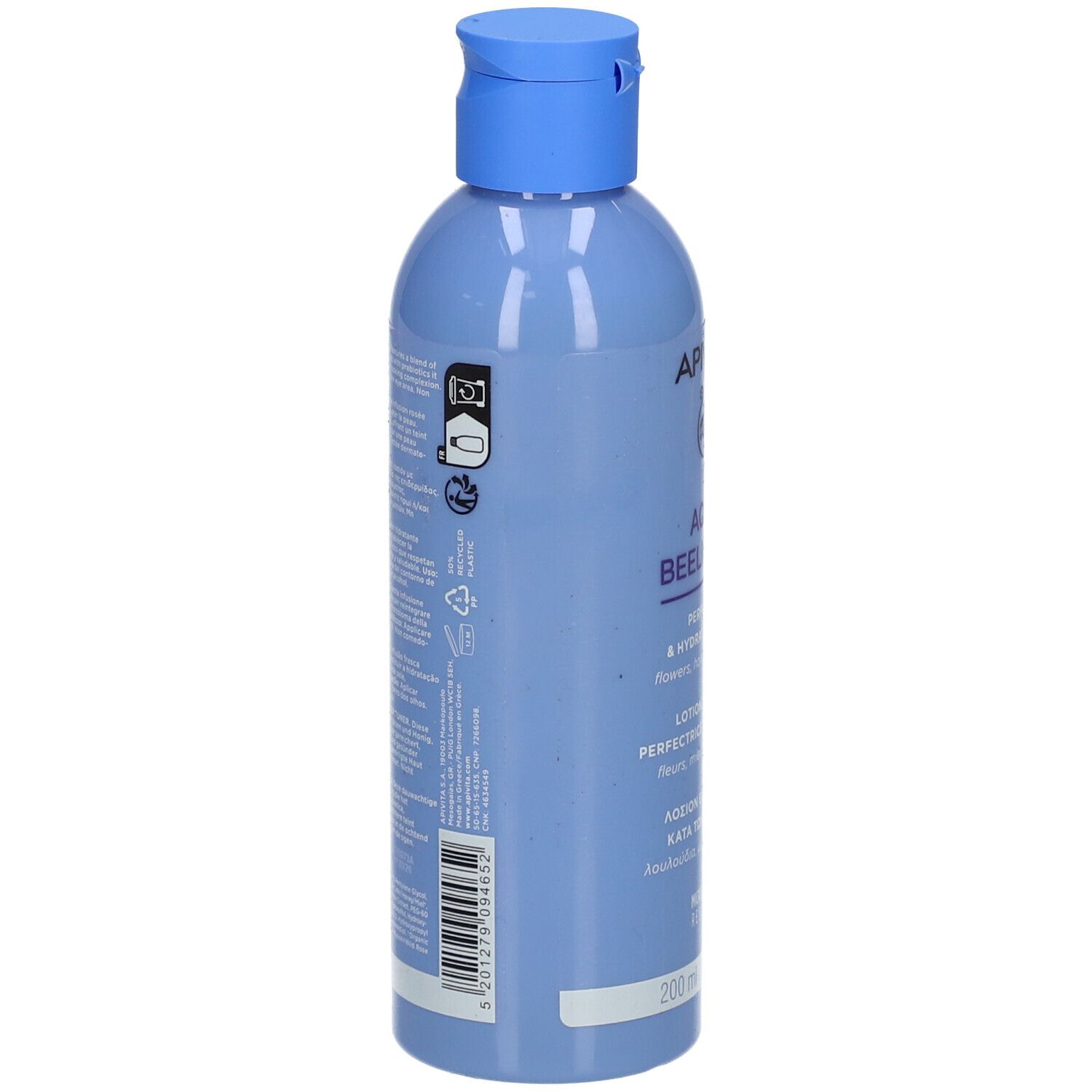 Retro del flacone blu chiaro con tappo blu. Testo e simboli. Nome del prodotto: APIVITA Aqua Beelicious.