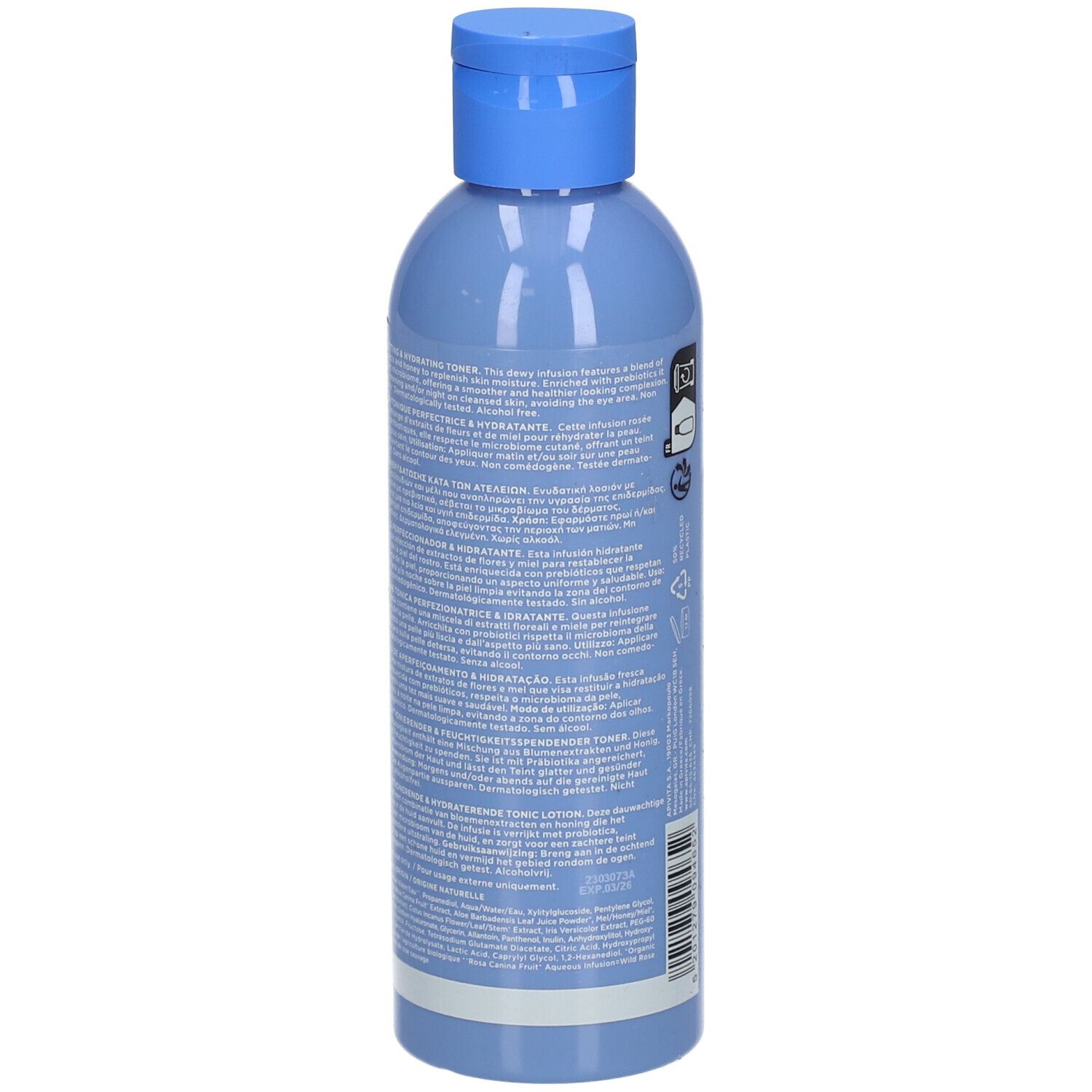 Retro del flacone blu chiaro con tappo blu. Testo. Nome del prodotto: APIVITA Aqua Beelicious. Ingredienti.