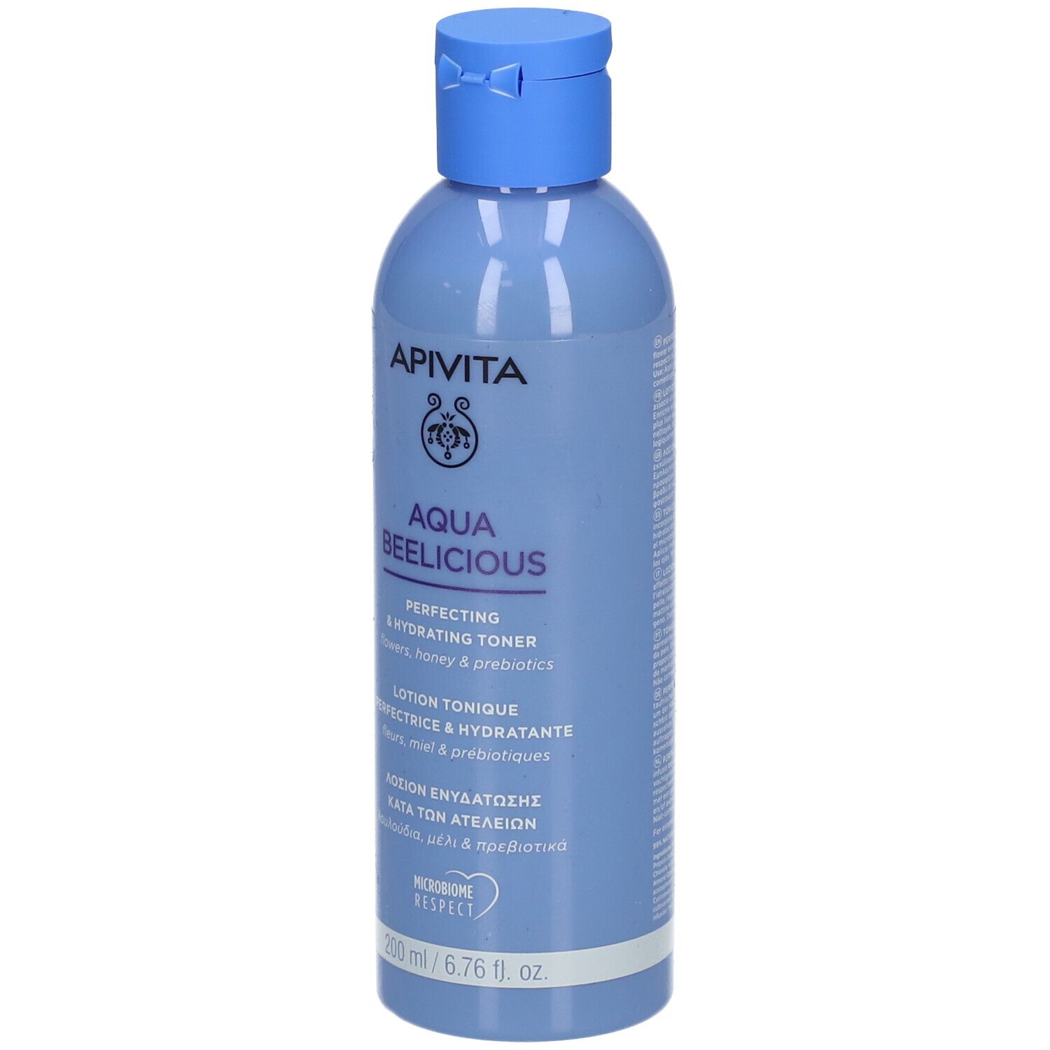 Flacone blu chiaro con tappo blu. Scritta: APIVITA Aqua Beelicious. Lozione tonica perfezionatrice e idratante.