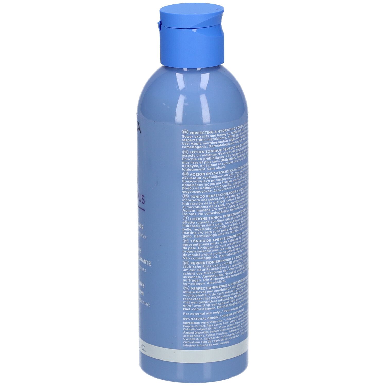 Retro del flacone blu chiaro con tappo blu. Testo. Nome del prodotto: APIVITA Aqua Beelicious. Ingredienti.