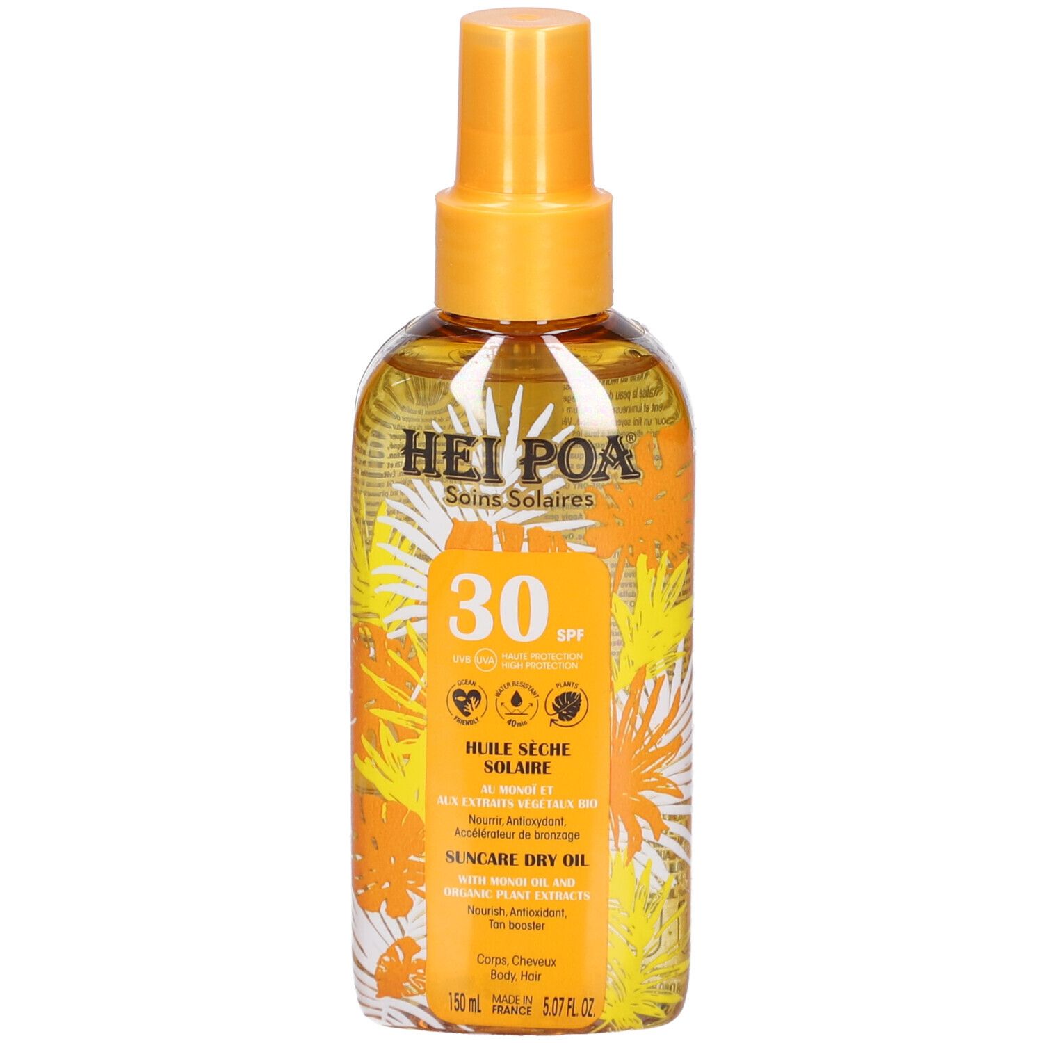 Flacone spray di olio solare. Liquido giallo, erogatore giallo. Scritte: Hei Poa, Soins Solaires, SPF 30, Huile Sèche Solaire, Suncare Dry Oil.
