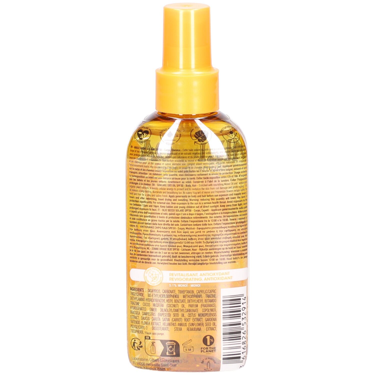 Retro di un flacone spray di olio solare. Liquido giallo, erogatore giallo. Testo sull'etichetta.