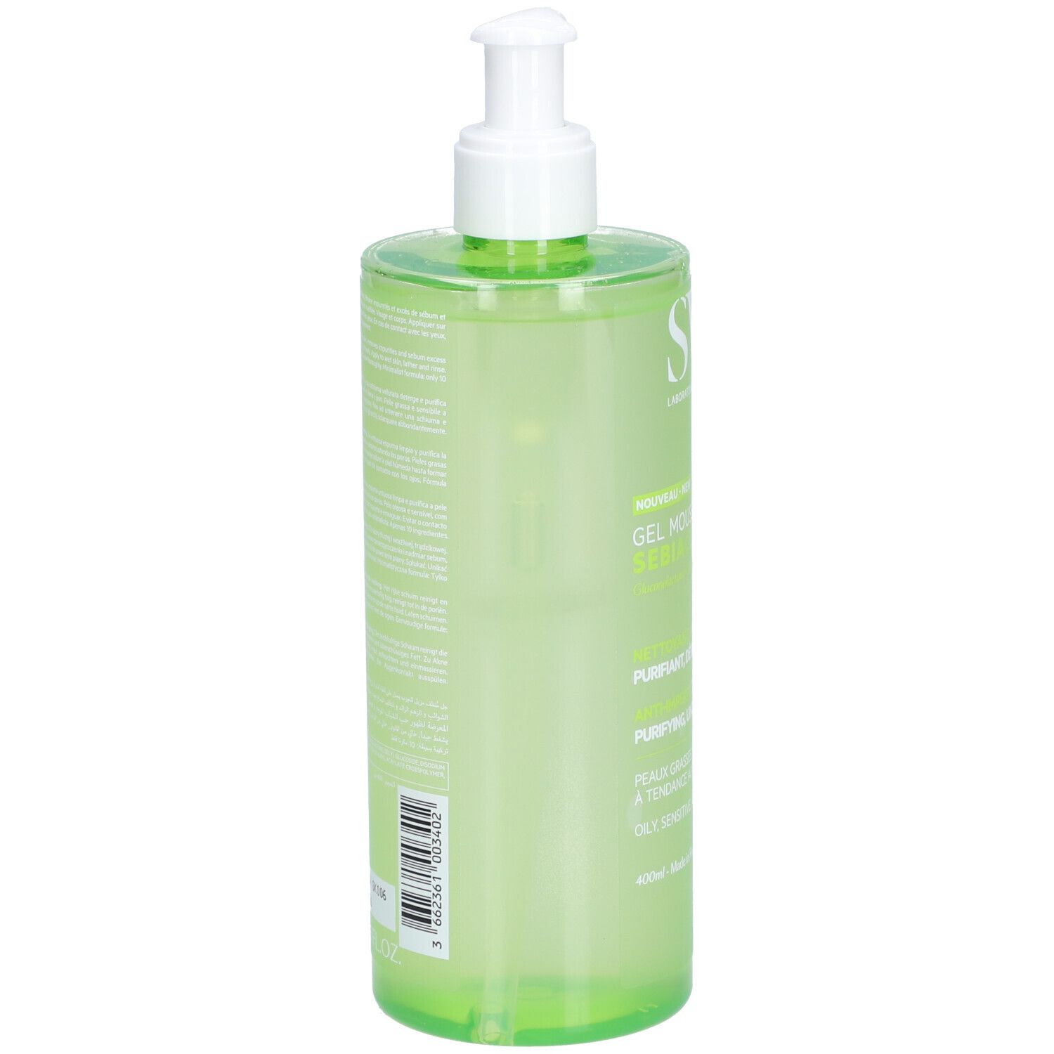 Flacone verde con dosatore bianco. Retro con testo. Scritta SVR e Gel Moussant Sebiaclear.