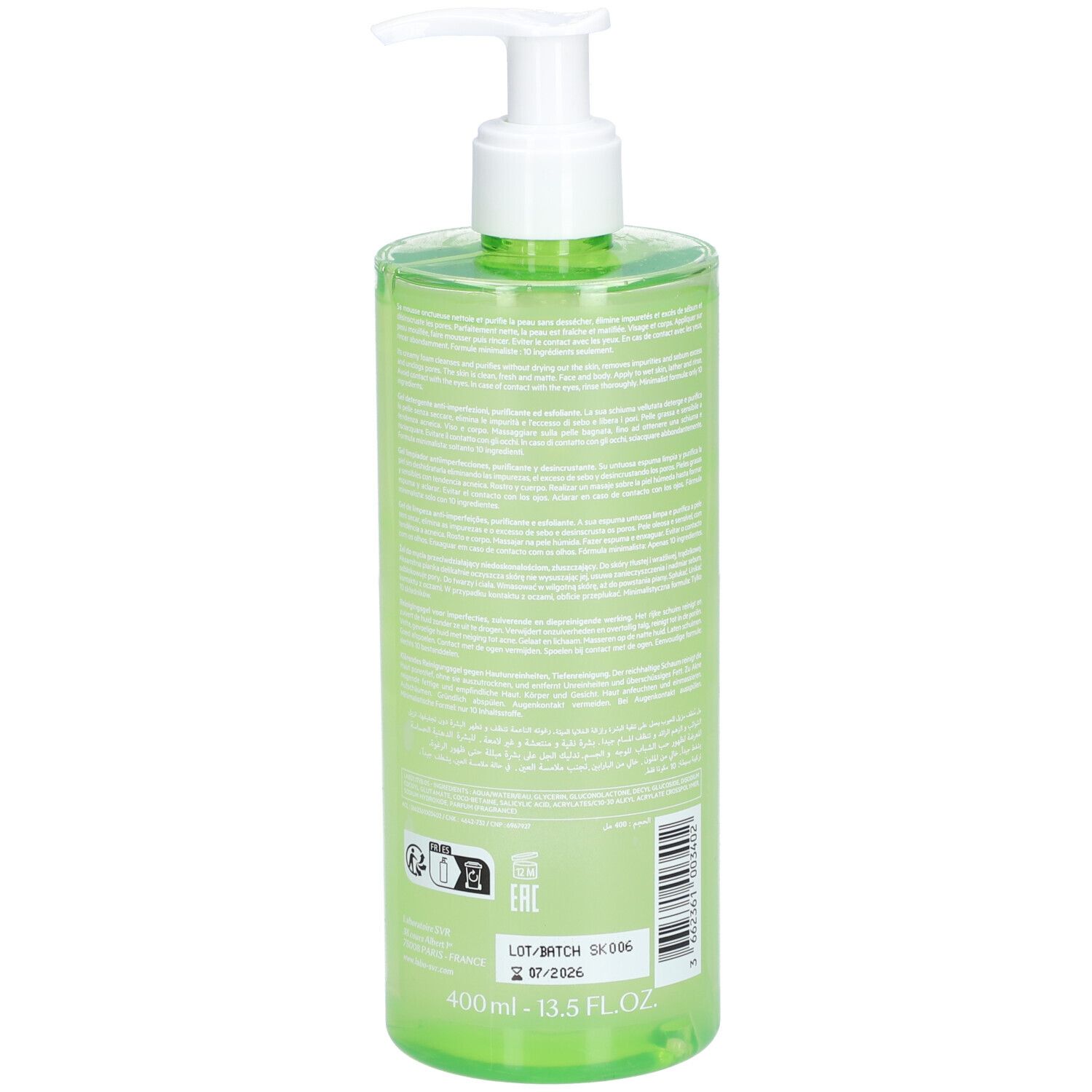 Flacone verde con dosatore bianco. Retro con testo e stampe. Scritta SVR e Gel Moussant.