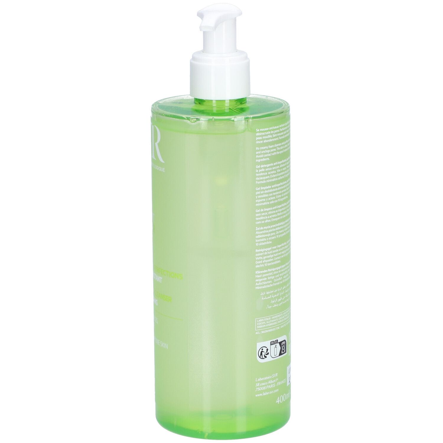 Flacone verde con dosatore bianco. Scritta SVR e Gel Moussant Sebiaclear. Testo verde.