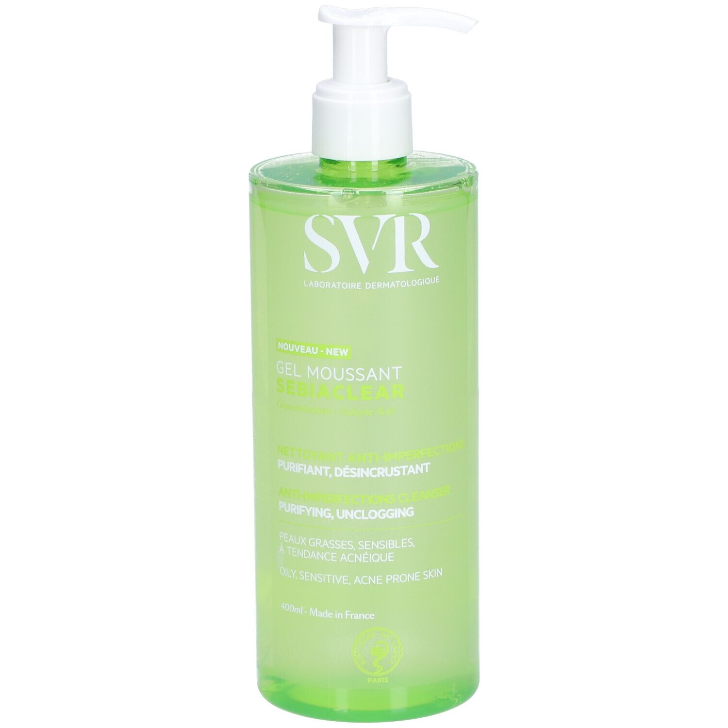 Flacone verde con dosatore bianco. Scritta SVR e Gel Moussant Sebiaclear. Testo verde.