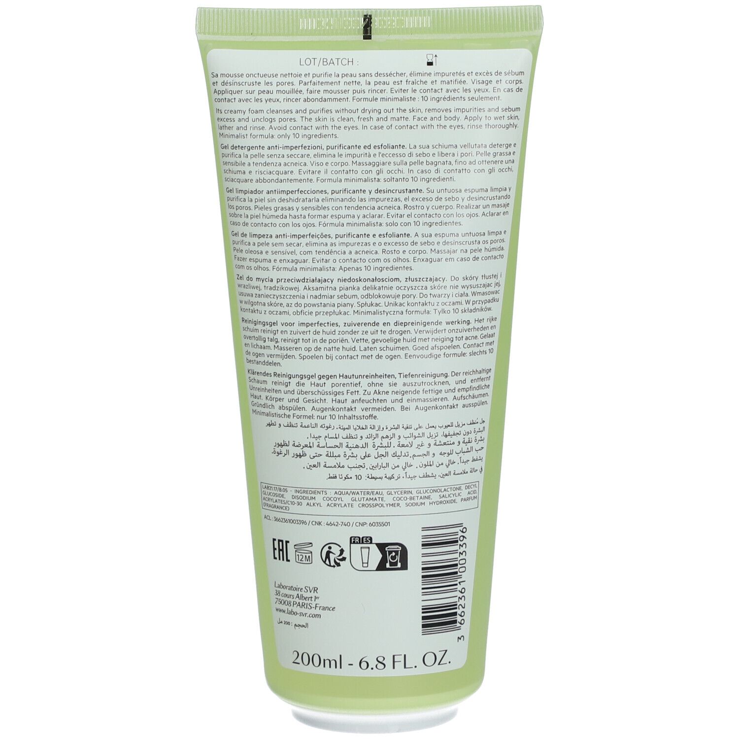 Retro di un tubo verde. Testo multilingue. 200ml-6.8 FL. OZ. Codice a barre e loghi.