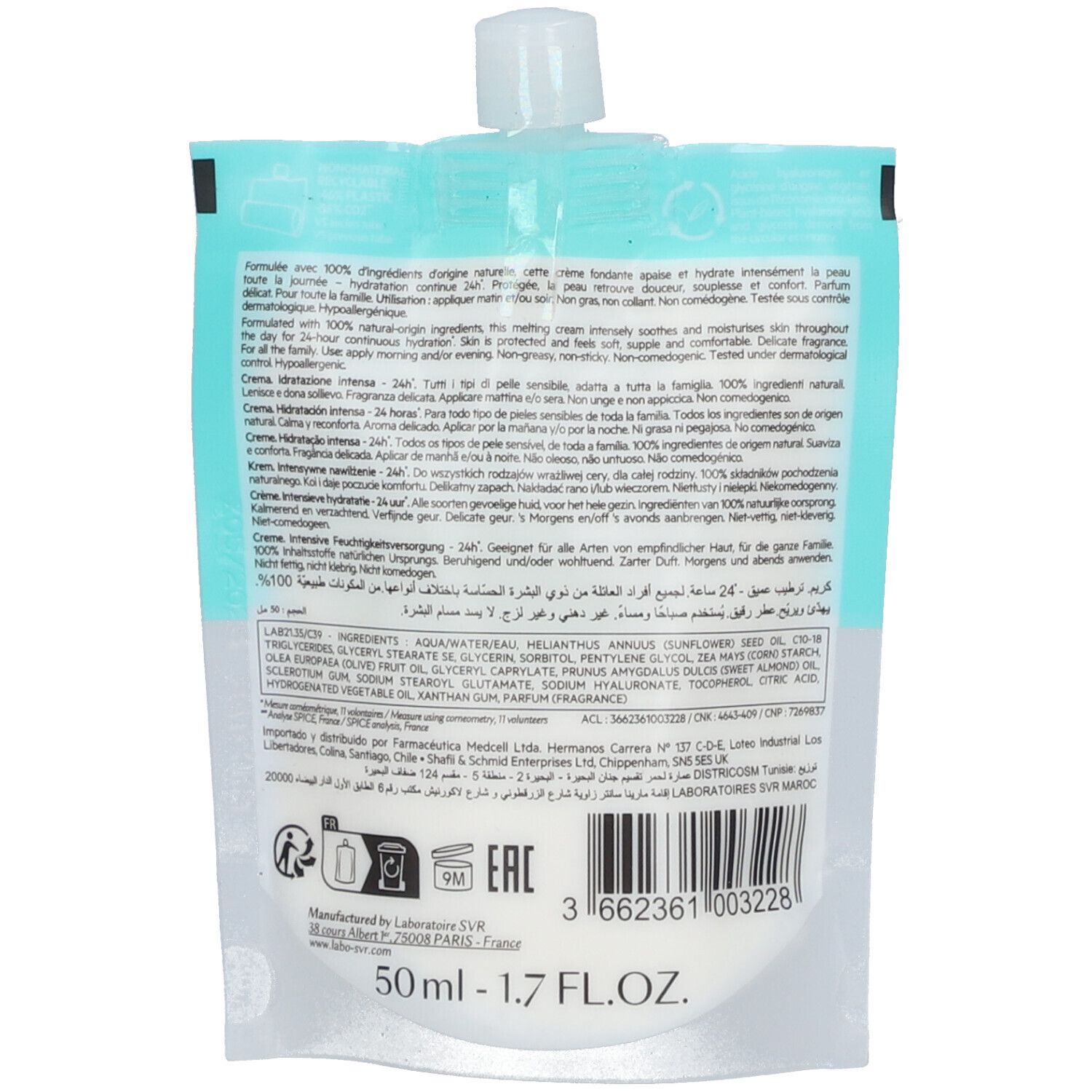 Retro di una busta SVR Hydraliane Crema con informazioni sul prodotto e codice a barre.