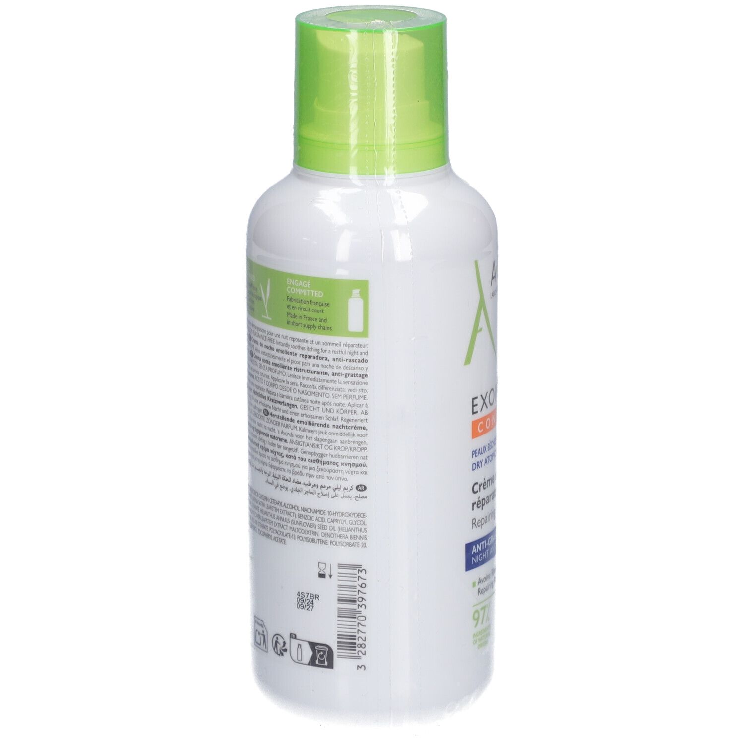 Retro del flacone A-Derma Exomega Control. Testo e informazioni sul prodotto.