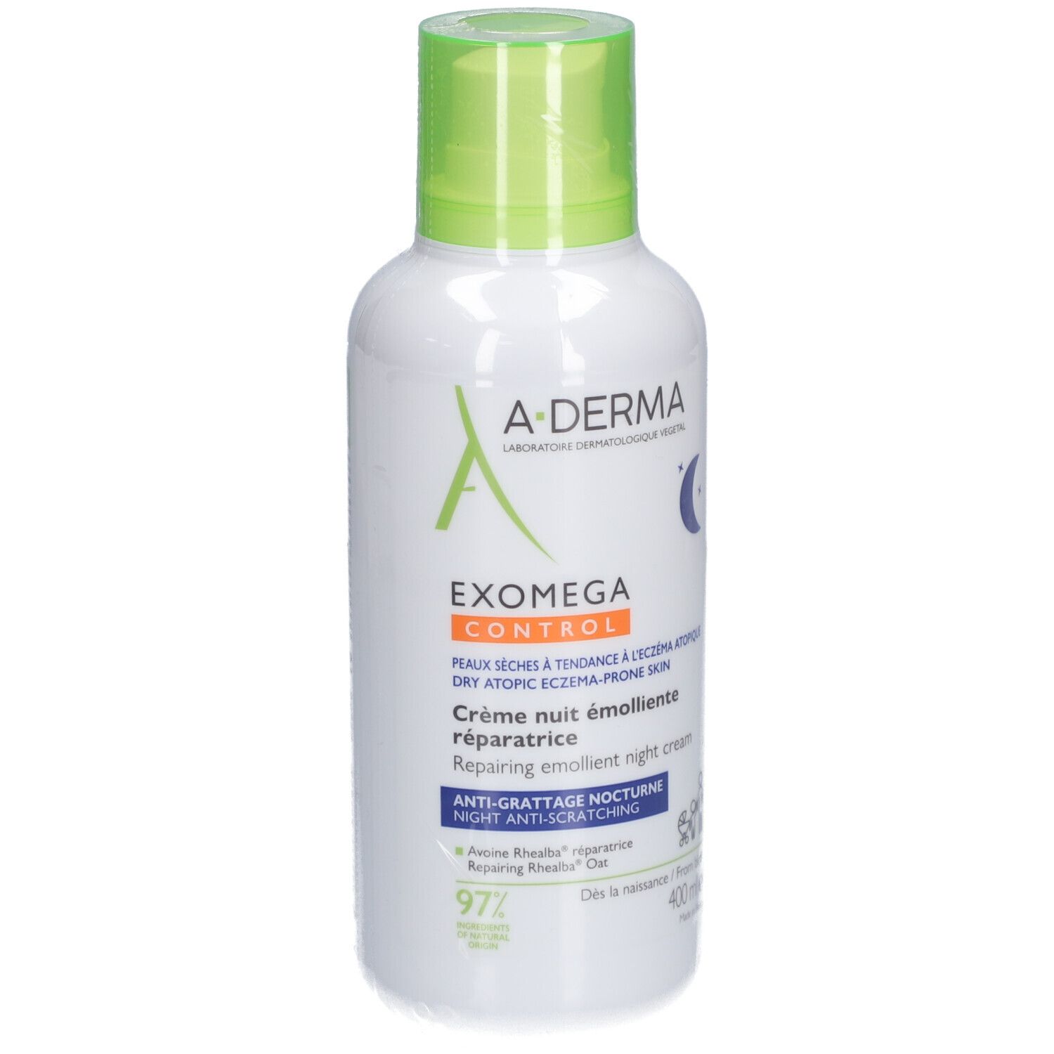 Flacone A-Derma Exomega Control. Crema notte. Tappo verde. Scritte visibili sul flacone.