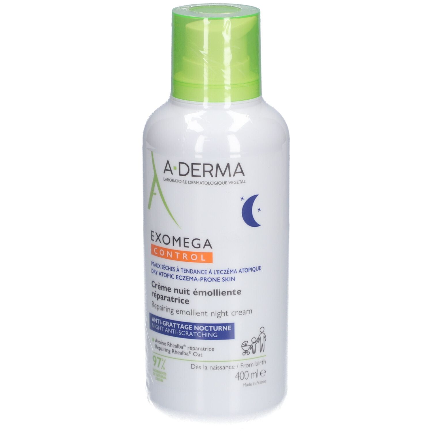 Flacone A-Derma Exomega Control. Crema notte. Tappo verde. Scritte visibili sul flacone.