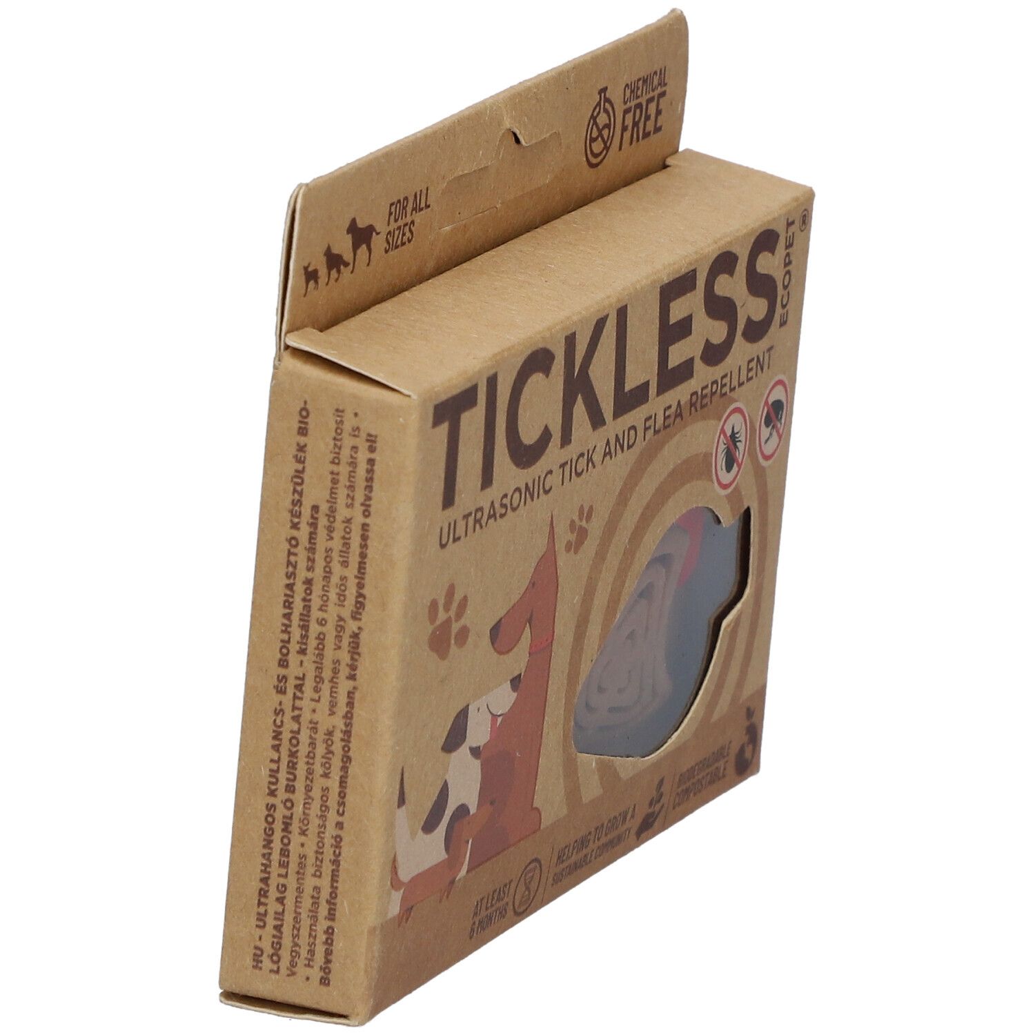 Confezione TICKLESS ECOPet. Scatola di cartone marrone con immagine e testo del prodotto. Prodotto visibile attraverso una finestra.
