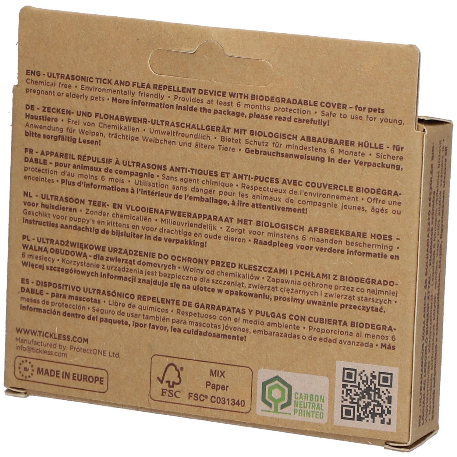 Retro della confezione TICKLESS ECOPet. Testo multilingue. Logo FSC e altre certificazioni.