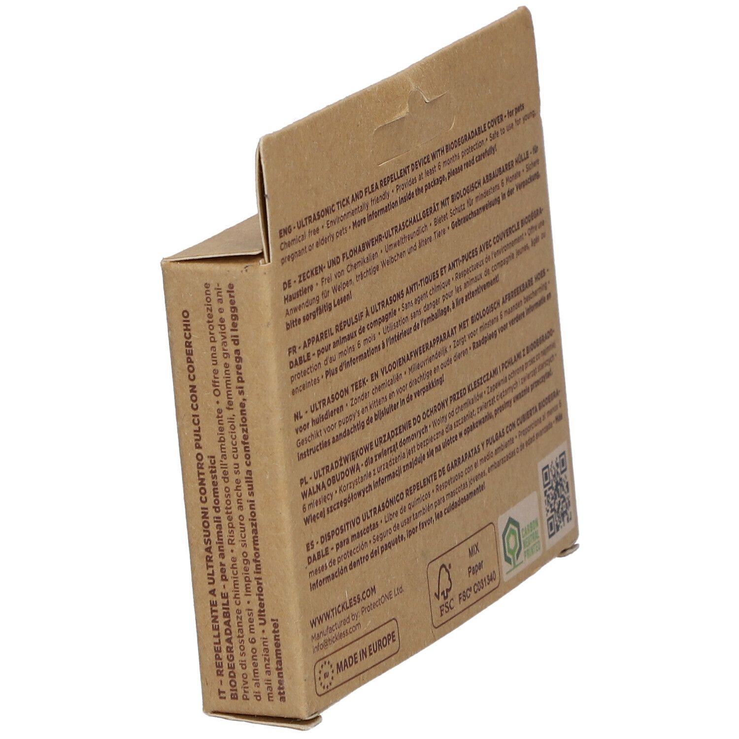 Retro della confezione TICKLESS ECOPet. Testo multilingue. Logo FSC e altre certificazioni.