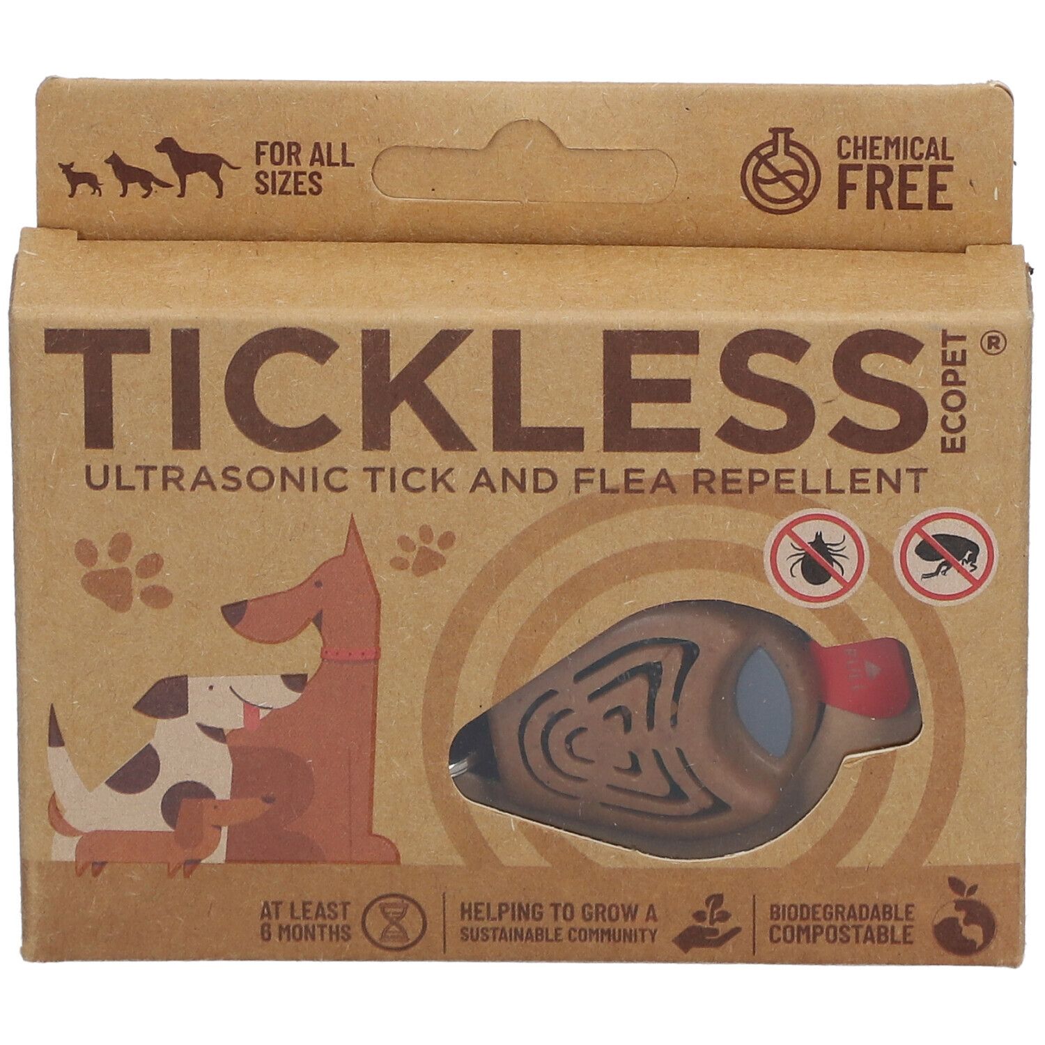 Confezione TICKLESS ECOPet. Scatola di cartone marrone con immagine e testo del prodotto. Prodotto visibile attraverso una finestra.